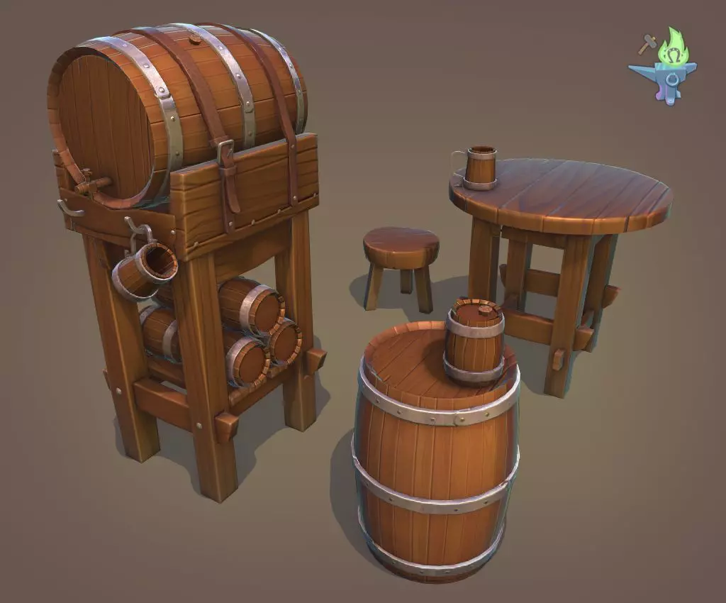 Tavern Barrel set Low-poly 3D model_0