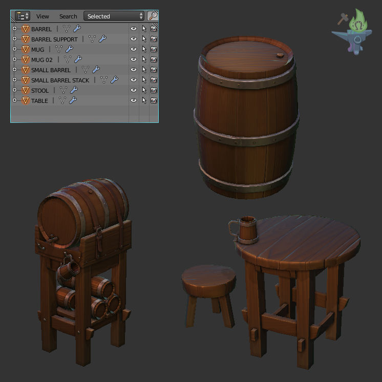Tavern Barrel set Low-poly 3D model_4