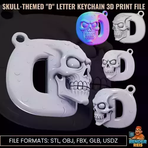 Skull Themed D Letter Keychain 3D Print File