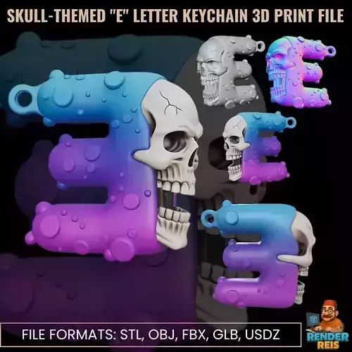 Skull Themed E  Letter Keychain 3D Print File