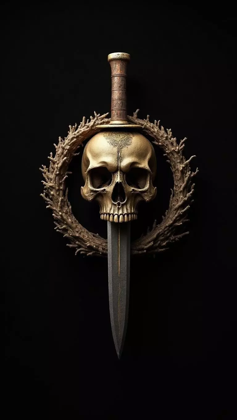 Golden Skull Dagger Wall Mount Dark Fantasy Decorative Sculpture Low-poly 3D model_0