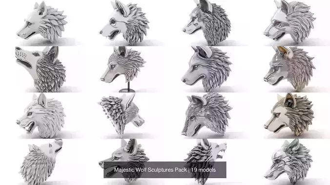 Majestic Wolf Sculptures Pack 3D Model Collection