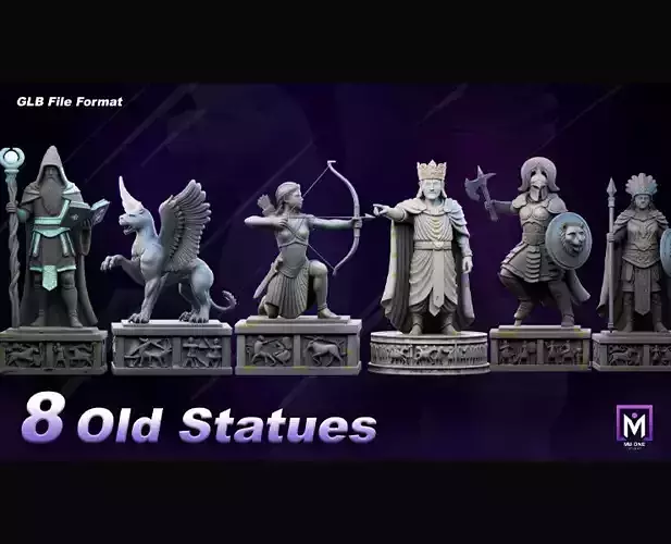 8 Ancient Fantasy 3D Sculptures MidPoly Background Prop Set 