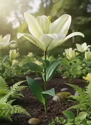 White Lily Flower Realistic Botanical Render Green Stem Leaves Low-poly 3D model