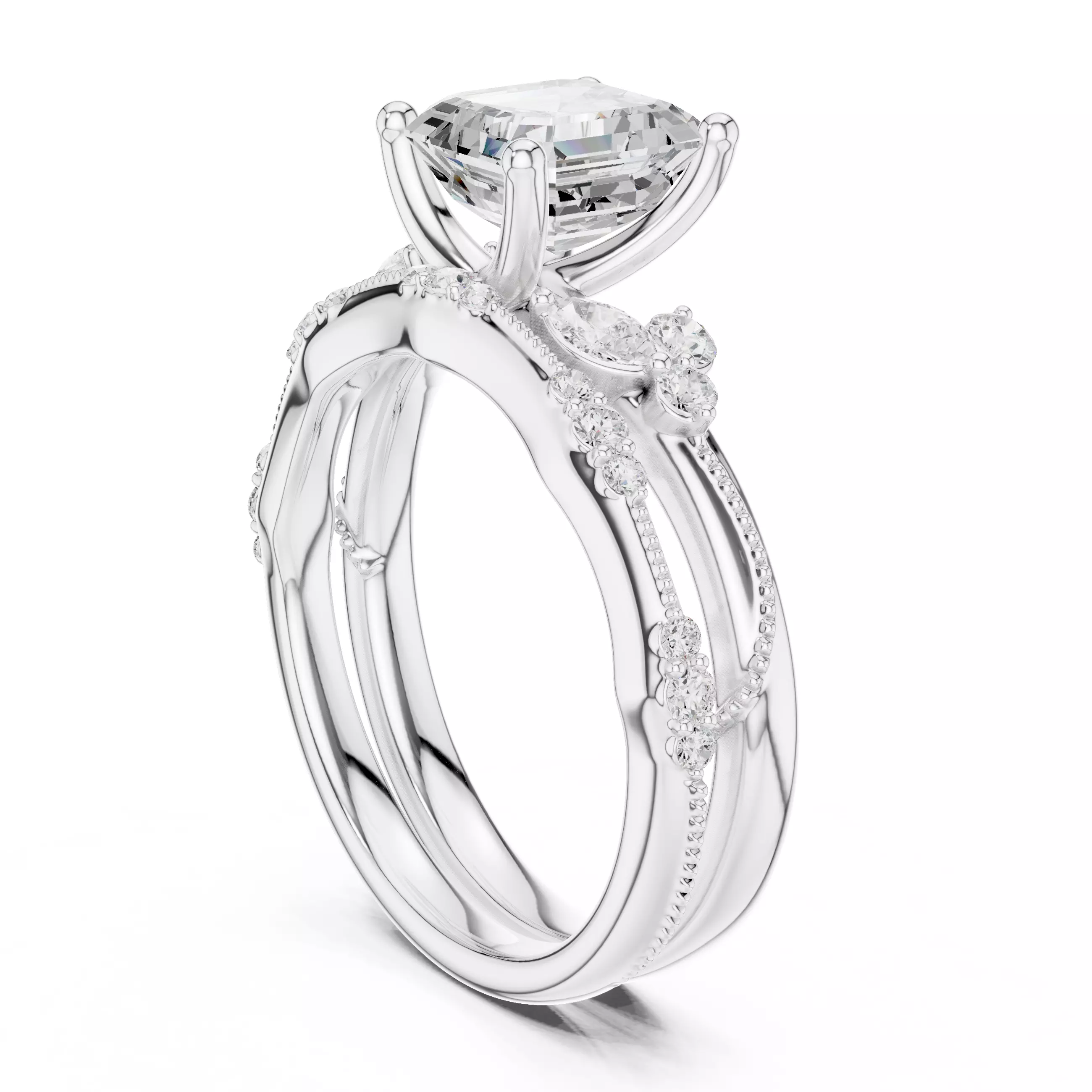 2CT Asscher Cut Diamond Fancy Wedding Ring Set 3DM STL Video 3D print model_9