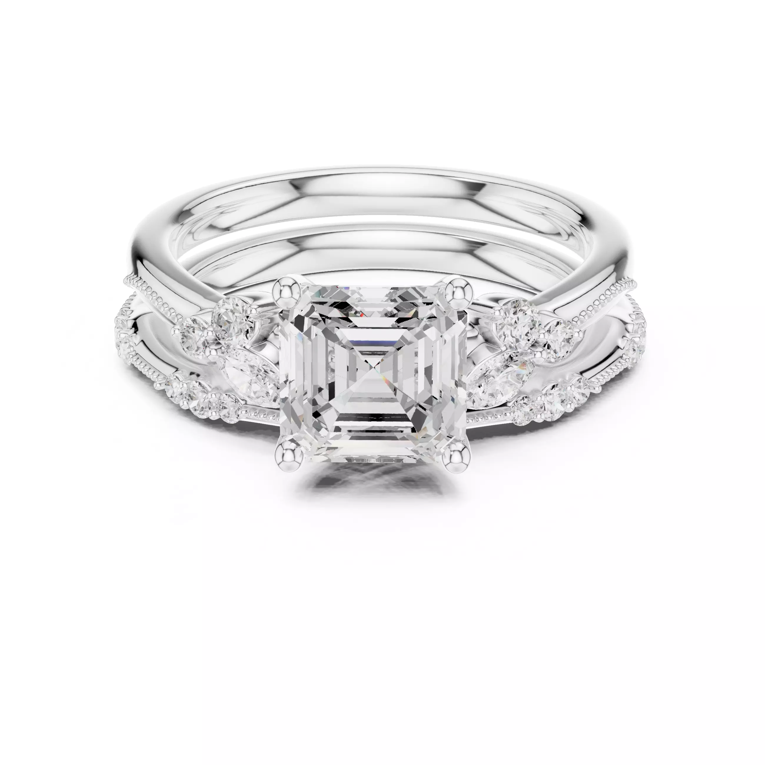 2CT Asscher Cut Diamond Fancy Wedding Ring Set 3DM STL Video 3D print model_2