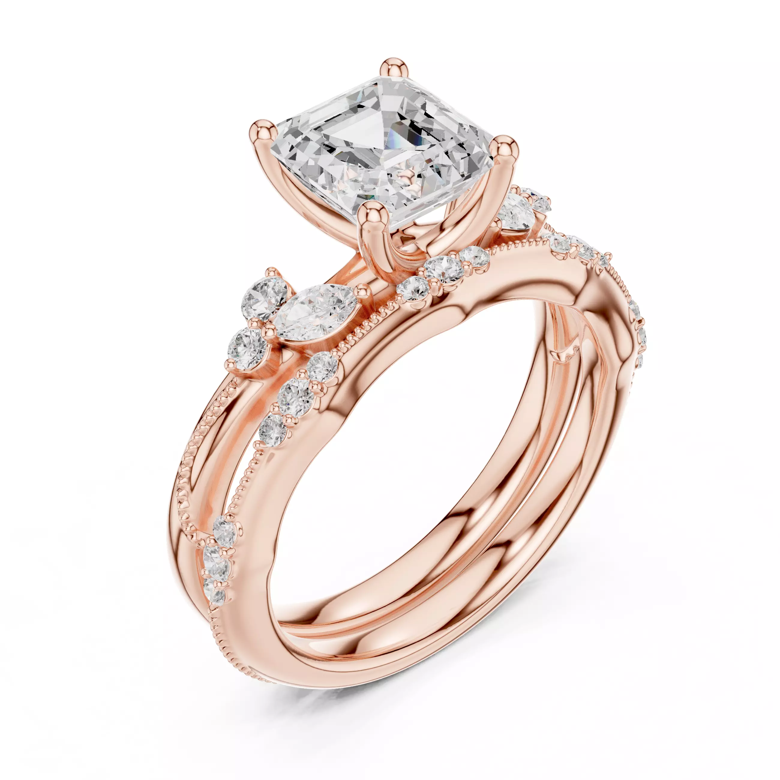 2CT Asscher Cut Diamond Fancy Wedding Ring Set 3DM STL Video 3D print model_4