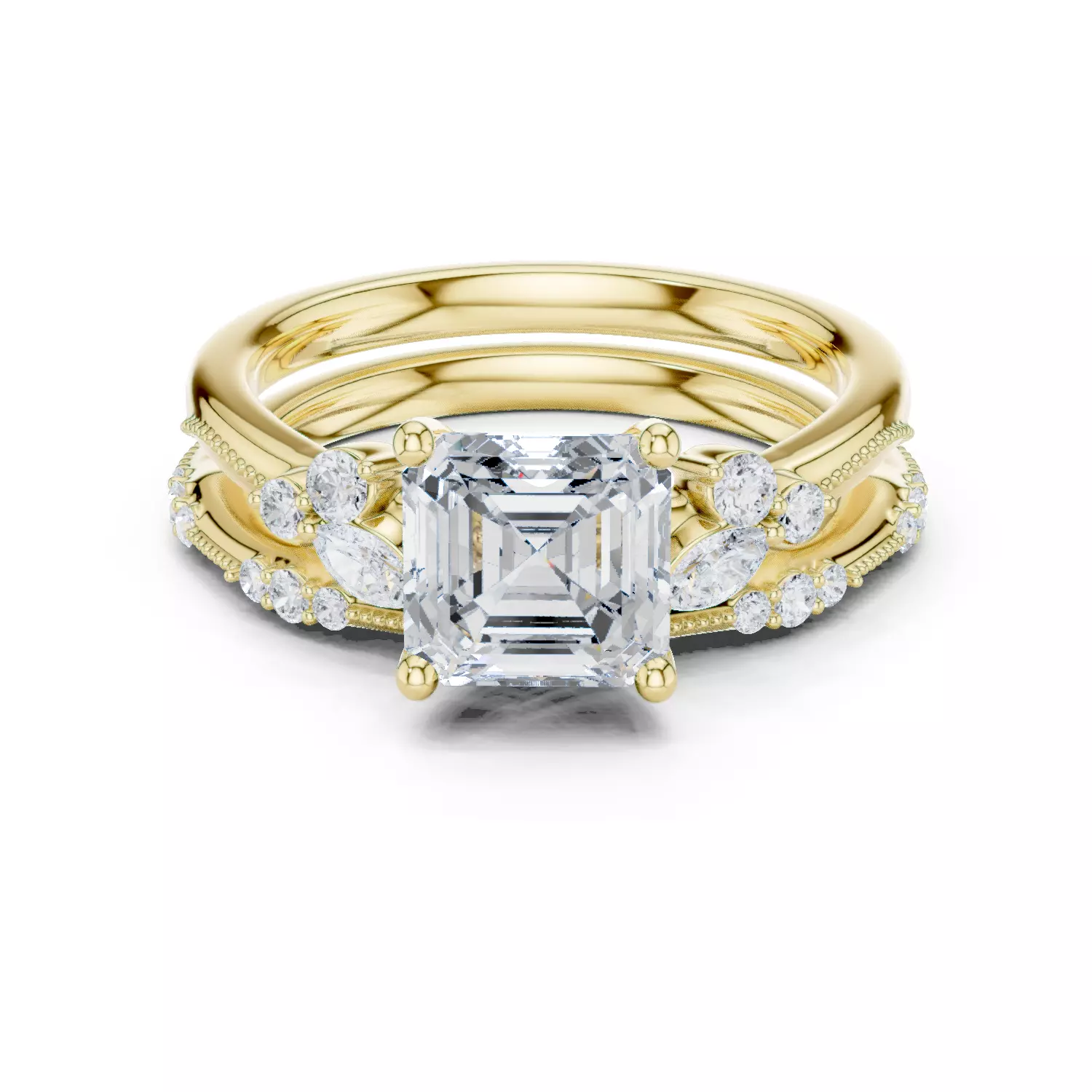 2CT Asscher Cut Diamond Fancy Wedding Ring Set 3DM STL Video 3D print model_13