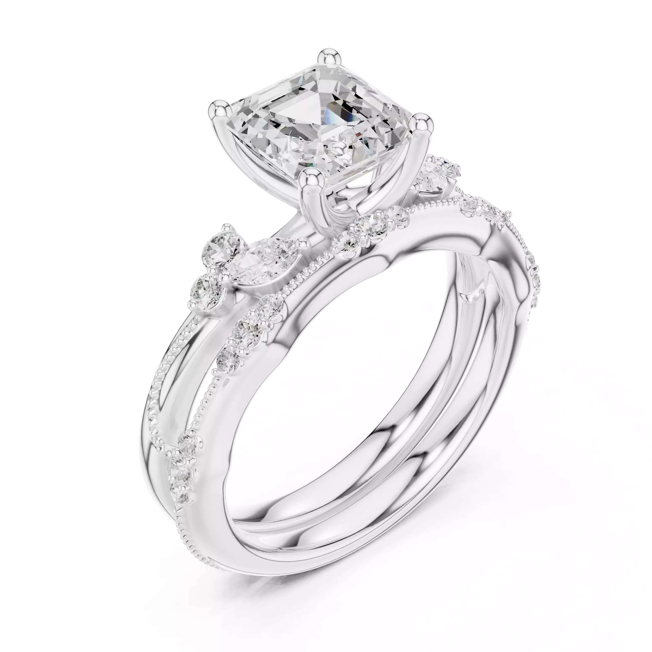 2CT Asscher Cut Diamond Fancy Wedding Ring Set 3DM STL Video 3D print model_10