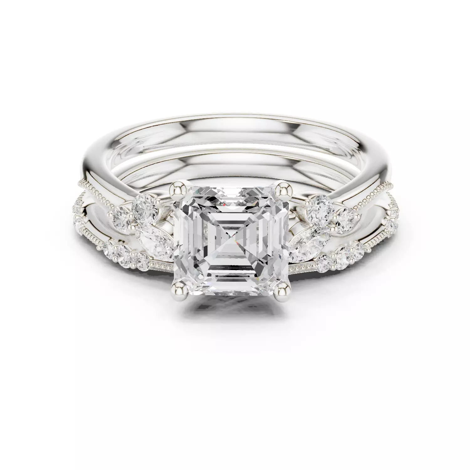 2CT Asscher Cut Diamond Fancy Wedding Ring Set 3DM STL Video 3D print model_14