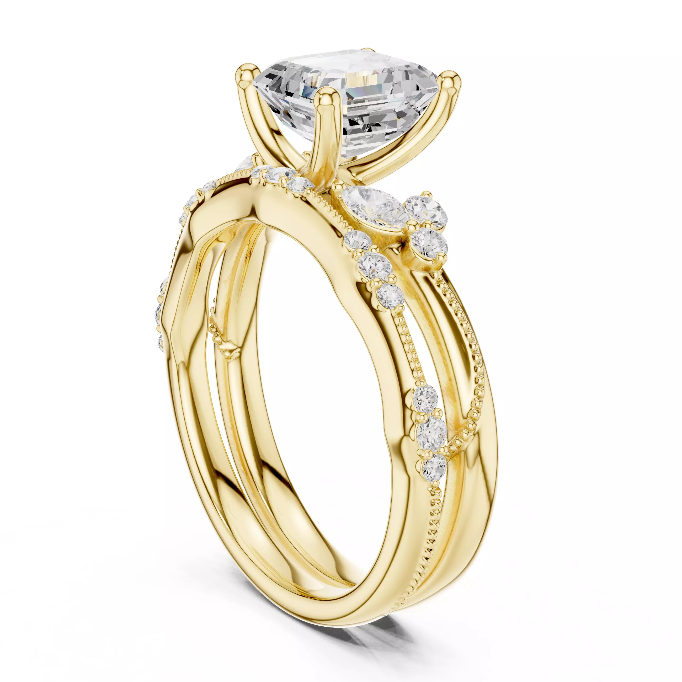 2CT Asscher Cut Diamond Fancy Wedding Ring Set 3DM STL Video 3D print model_6