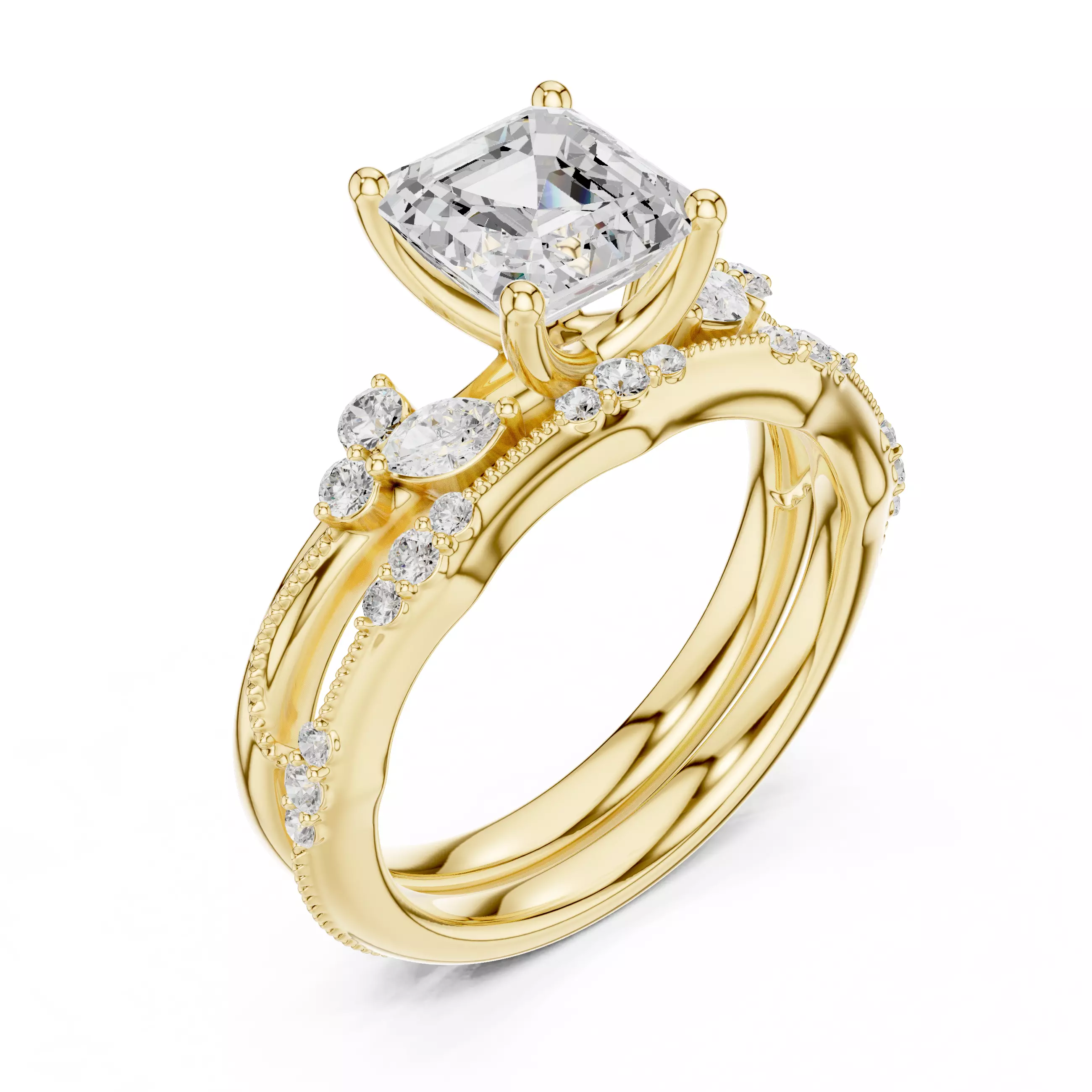 2CT Asscher Cut Diamond Fancy Wedding Ring Set 3DM STL Video 3D print model_7