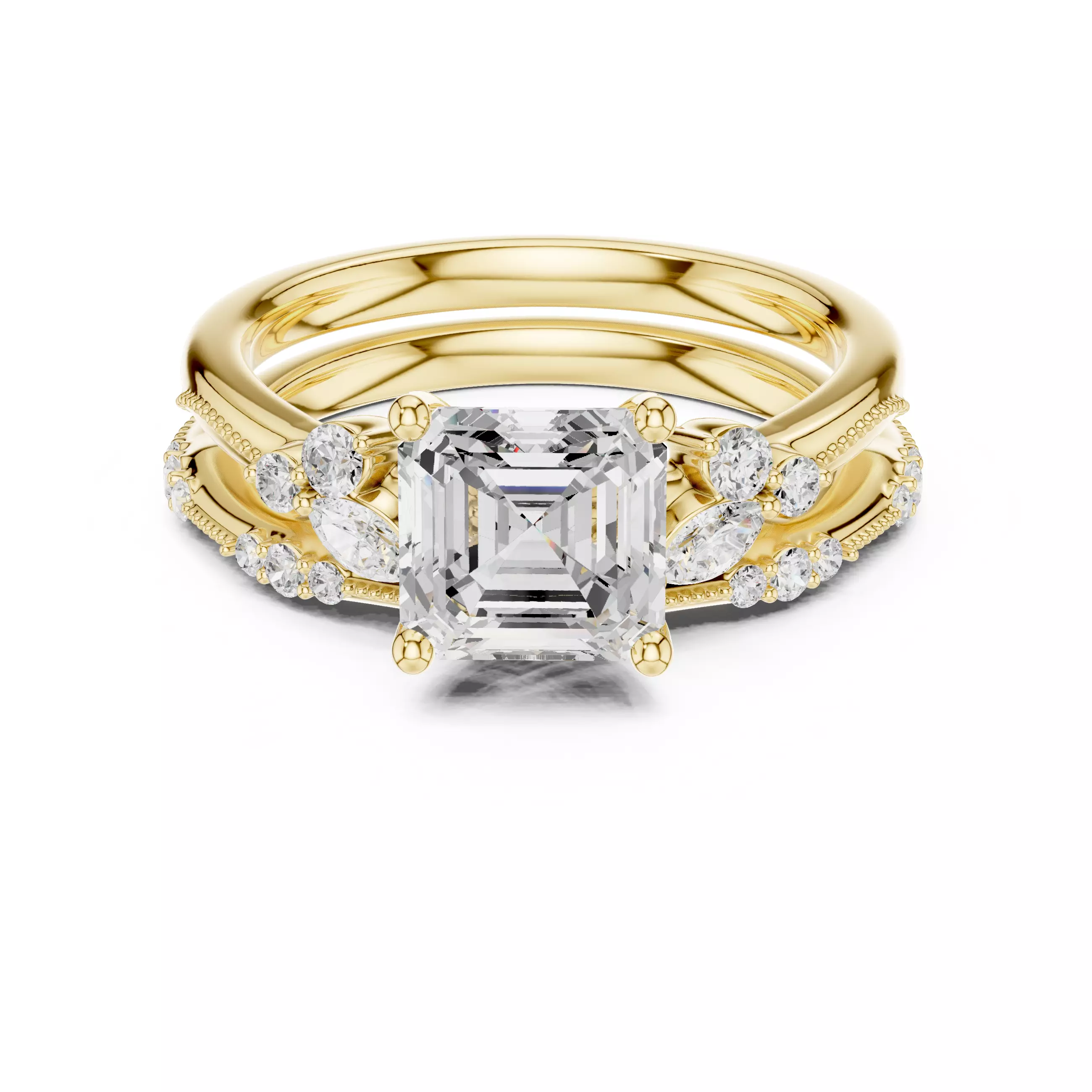 2CT Asscher Cut Diamond Fancy Wedding Ring Set 3DM STL Video 3D print model_1