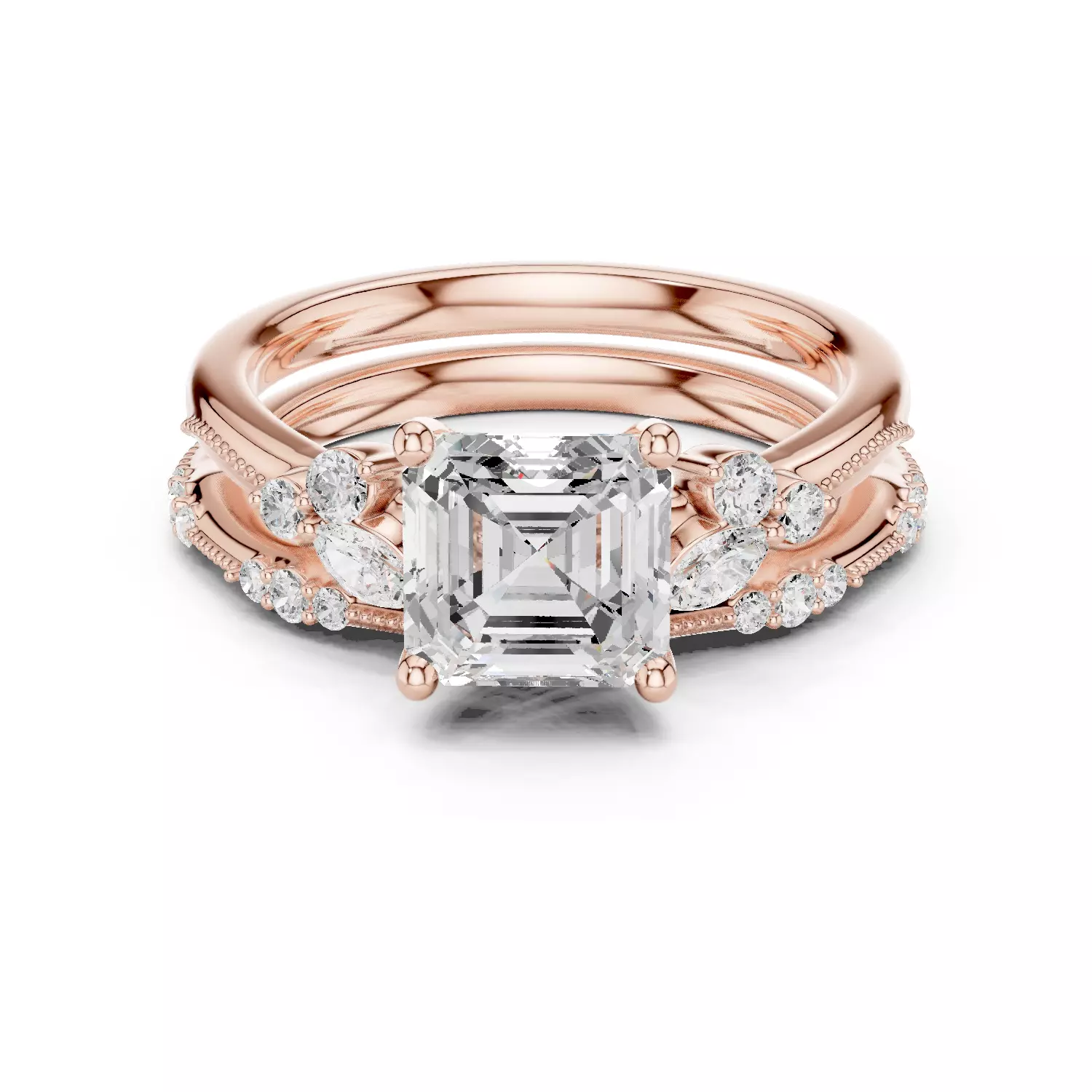 2CT Asscher Cut Diamond Fancy Wedding Ring Set 3DM STL Video 3D print model_12