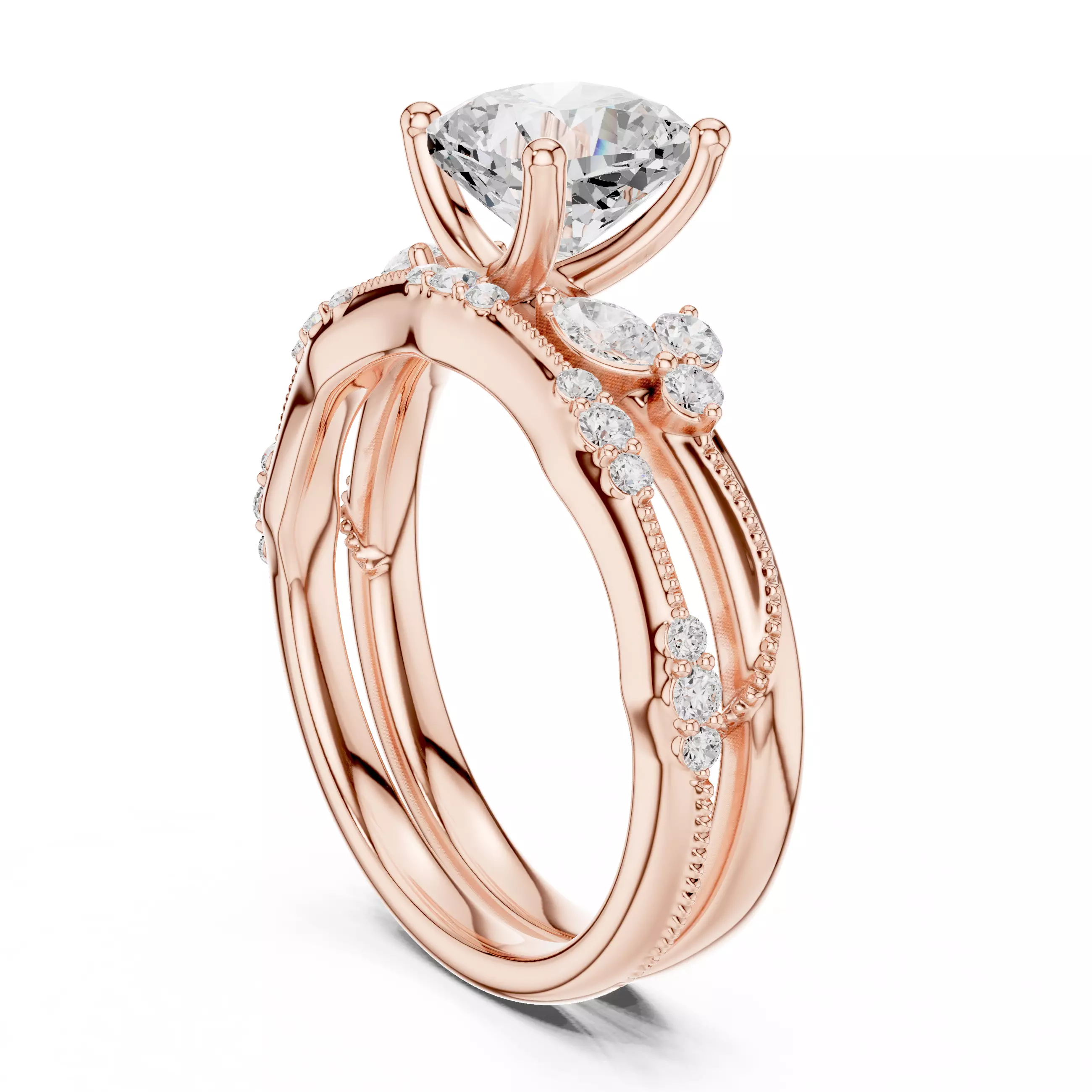 2CT Cushion Cut Diamond Marquise Wedding Ring Set 3DM STL Video 3D print model_3