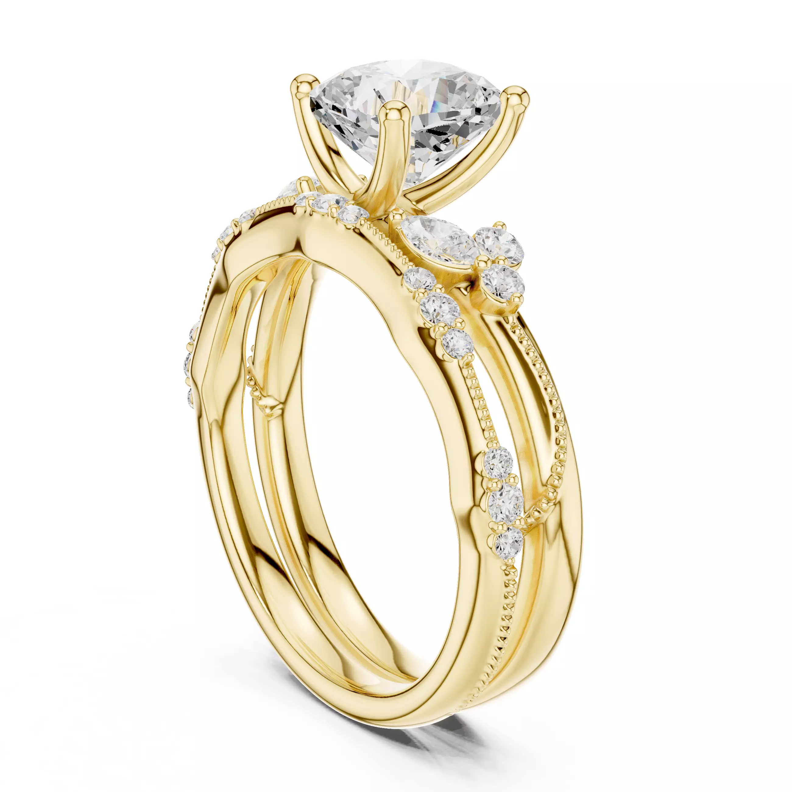 2CT Cushion Cut Diamond Marquise Wedding Ring Set 3DM STL Video 3D print model_6