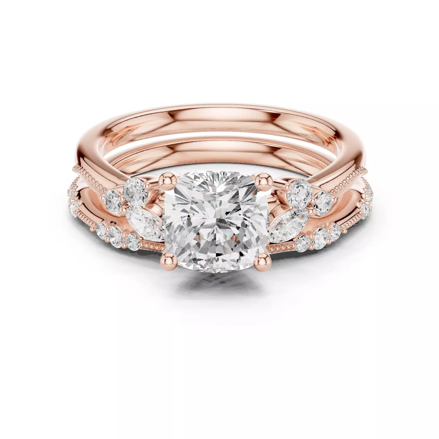 2CT Cushion Cut Diamond Marquise Wedding Ring Set 3DM STL Video 3D print model_12