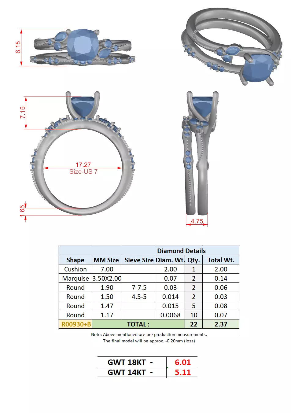2CT Cushion Cut Diamond Marquise Wedding Ring Set 3DM STL Video 3D print model_15
