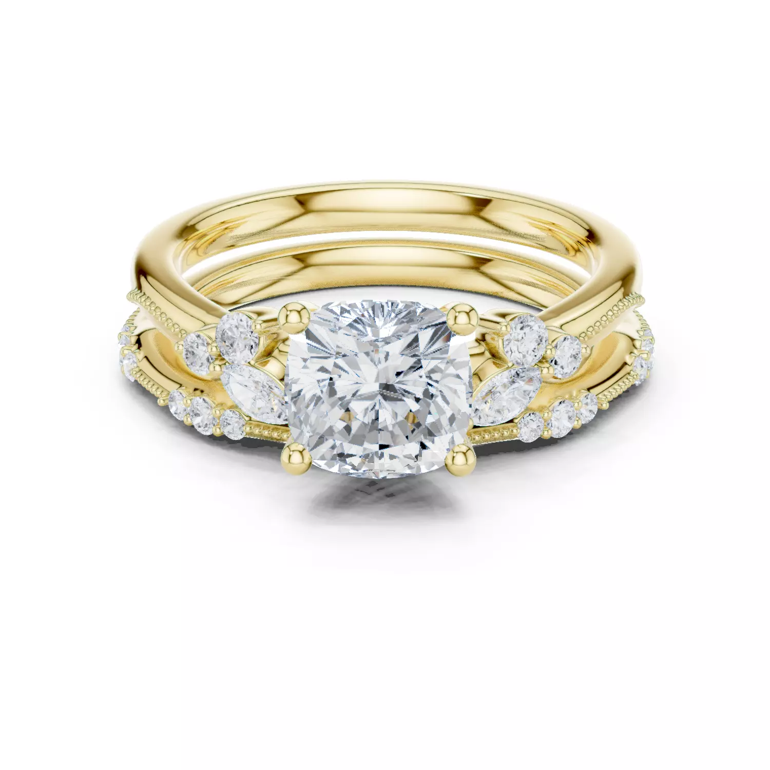 2CT Cushion Cut Diamond Marquise Wedding Ring Set 3DM STL Video 3D print model_13