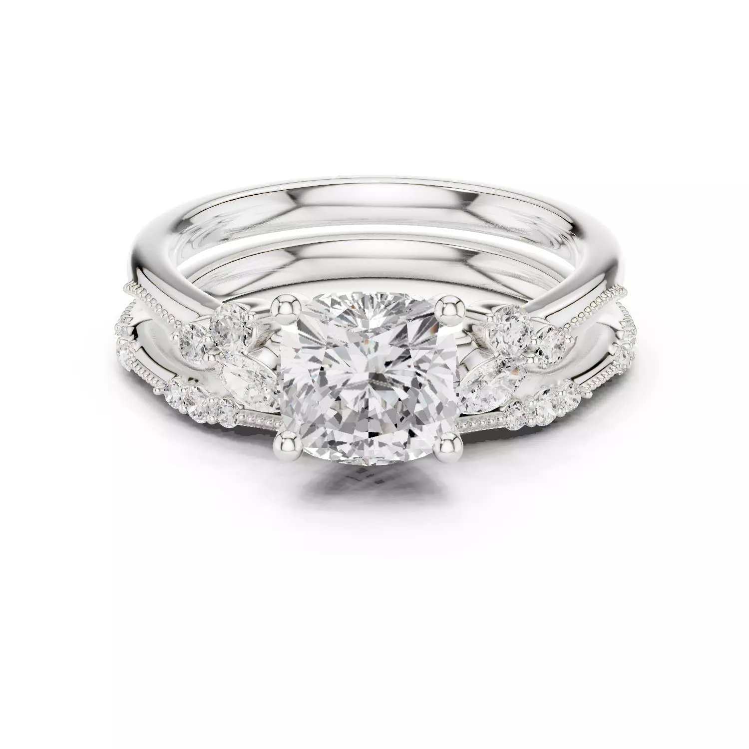 2CT Cushion Cut Diamond Marquise Wedding Ring Set 3DM STL Video 3D print model_14