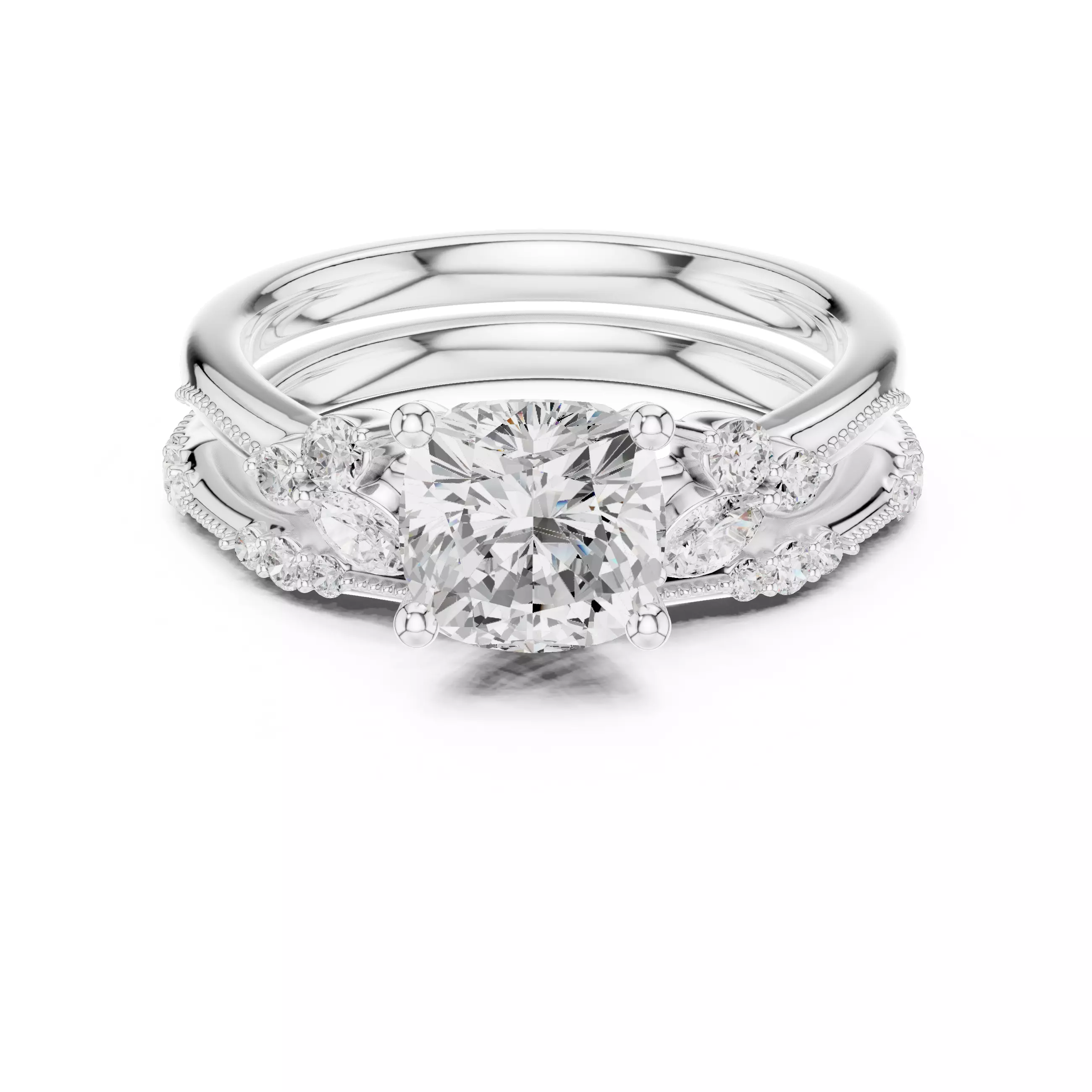 2CT Cushion Cut Diamond Marquise Wedding Ring Set 3DM STL Video 3D print model_2