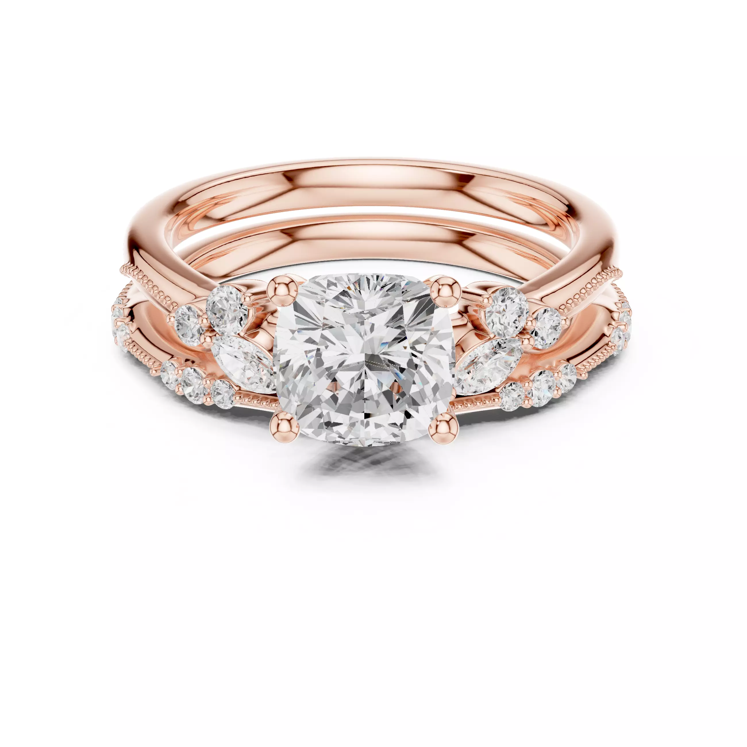 2CT Cushion Cut Diamond Marquise Wedding Ring Set 3DM STL Video 3D print model_0