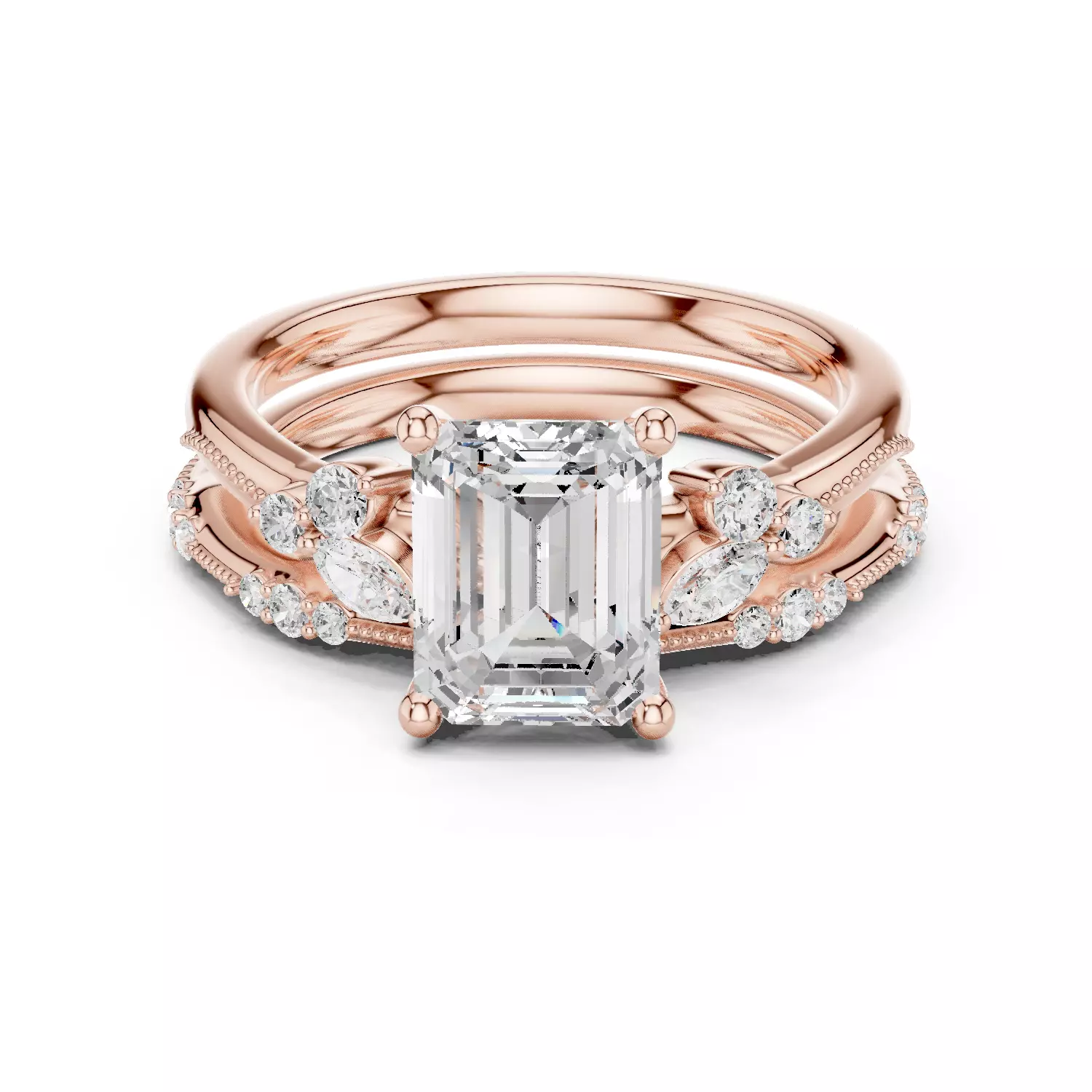 2CT Emerald Cut Cluster Diamond Wedding Ring Set 3DM STL Video 3D print model_12