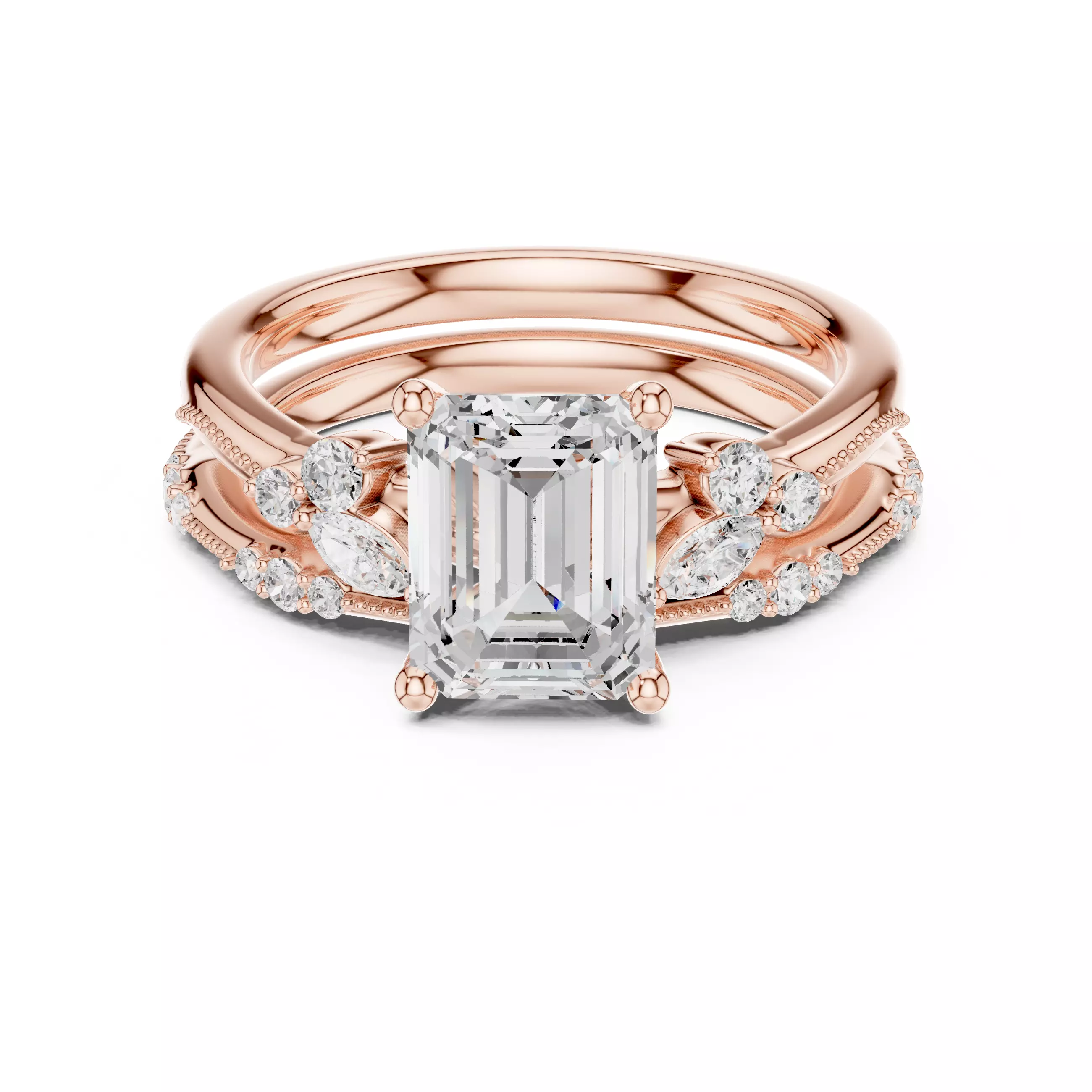 2CT Emerald Cut Cluster Diamond Wedding Ring Set 3DM STL Video 3D print model_0