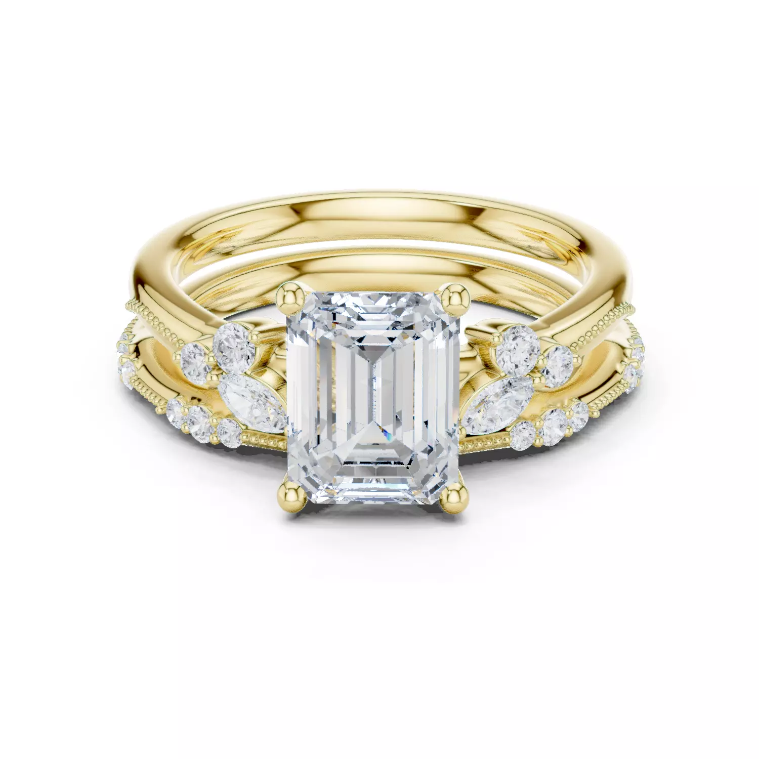 2CT Emerald Cut Cluster Diamond Wedding Ring Set 3DM STL Video 3D print model_13