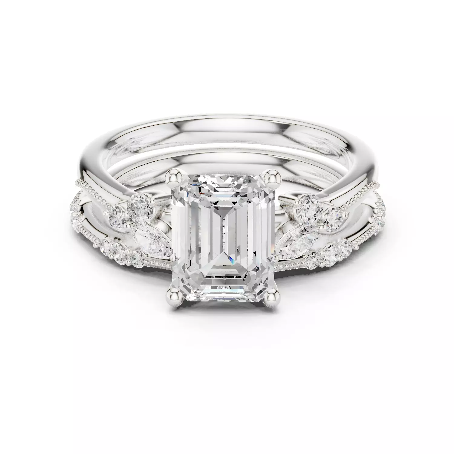 2CT Emerald Cut Cluster Diamond Wedding Ring Set 3DM STL Video 3D print model_14