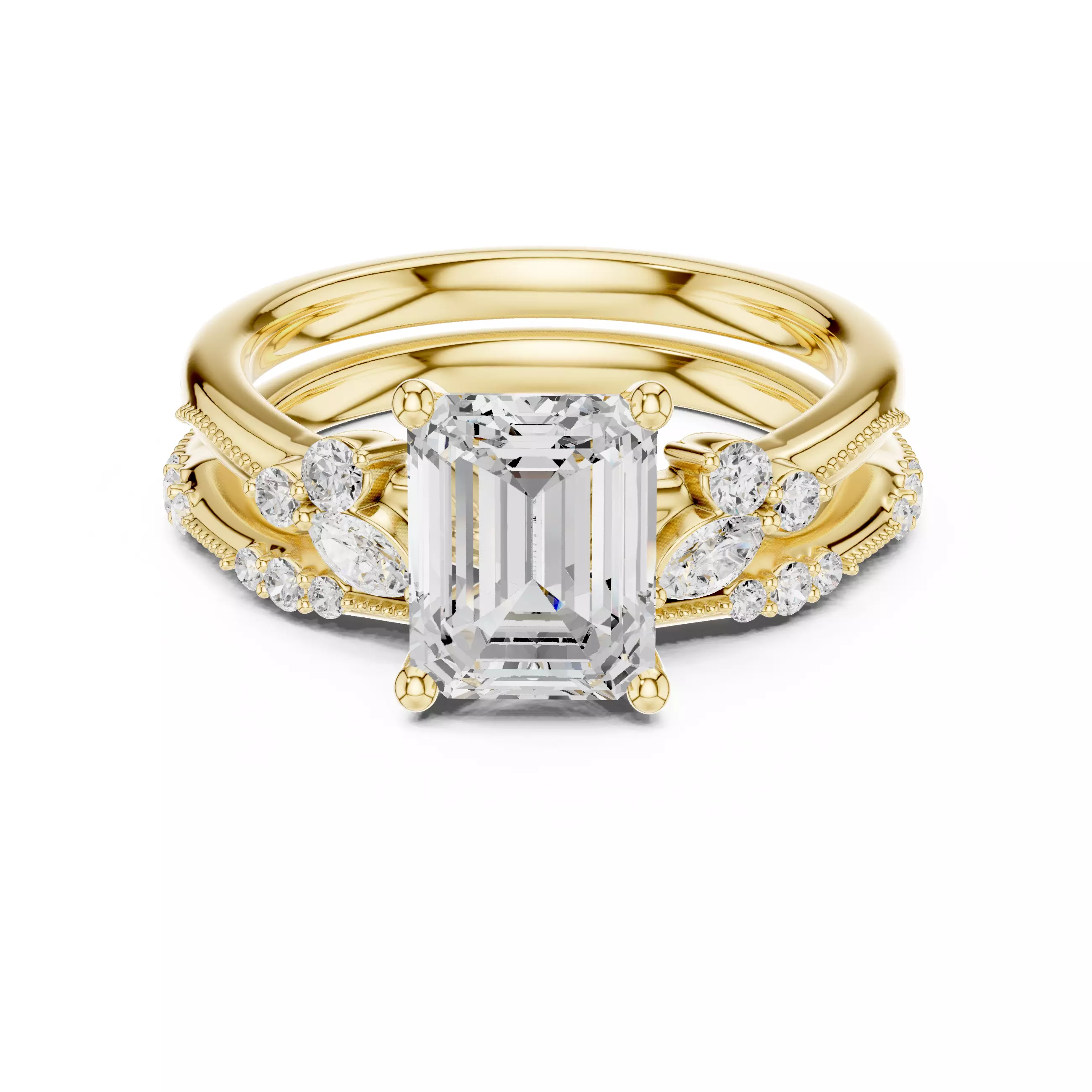 2CT Emerald Cut Cluster Diamond Wedding Ring Set 3DM STL Video 3D print model_1