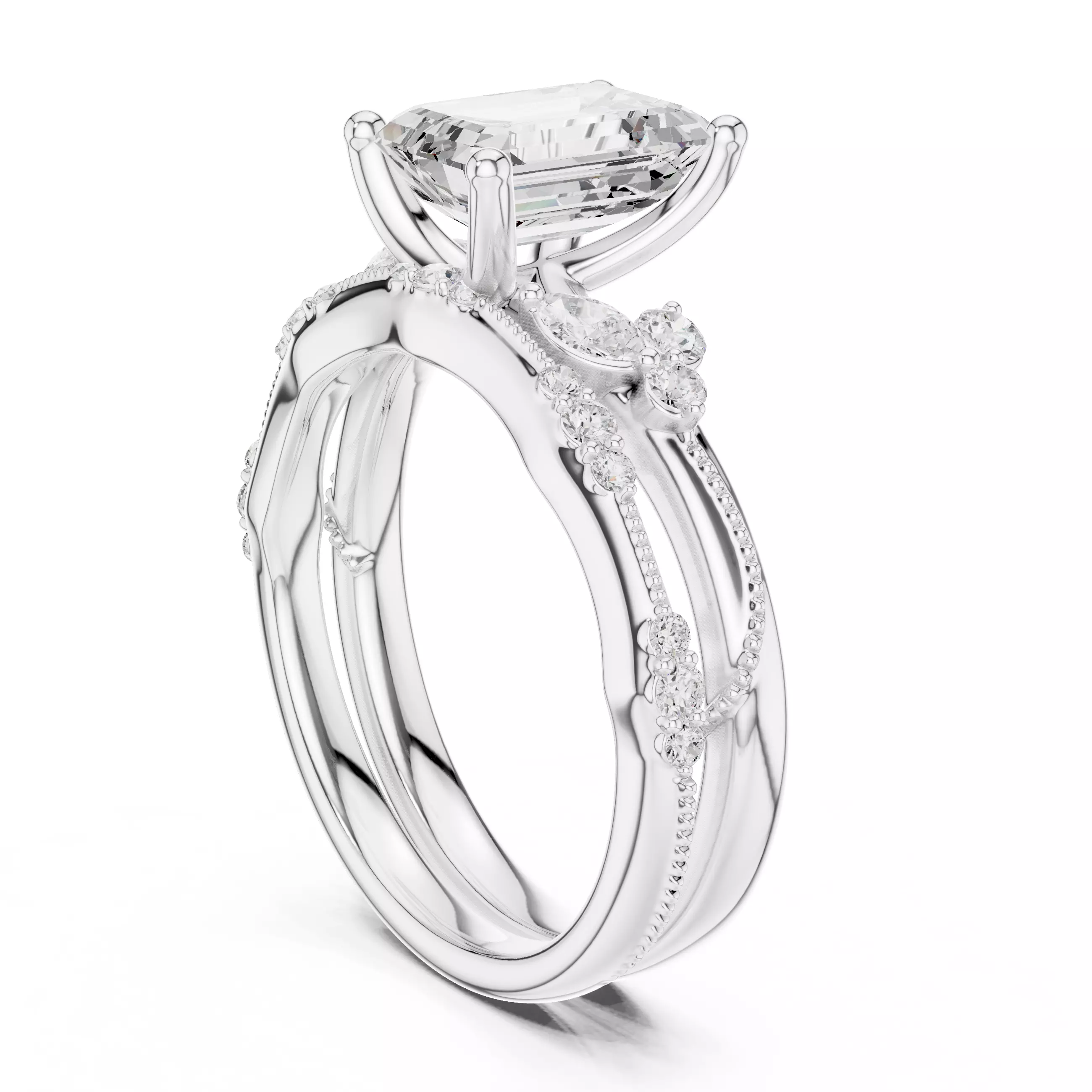 2CT Emerald Cut Cluster Diamond Wedding Ring Set 3DM STL Video 3D print model_9