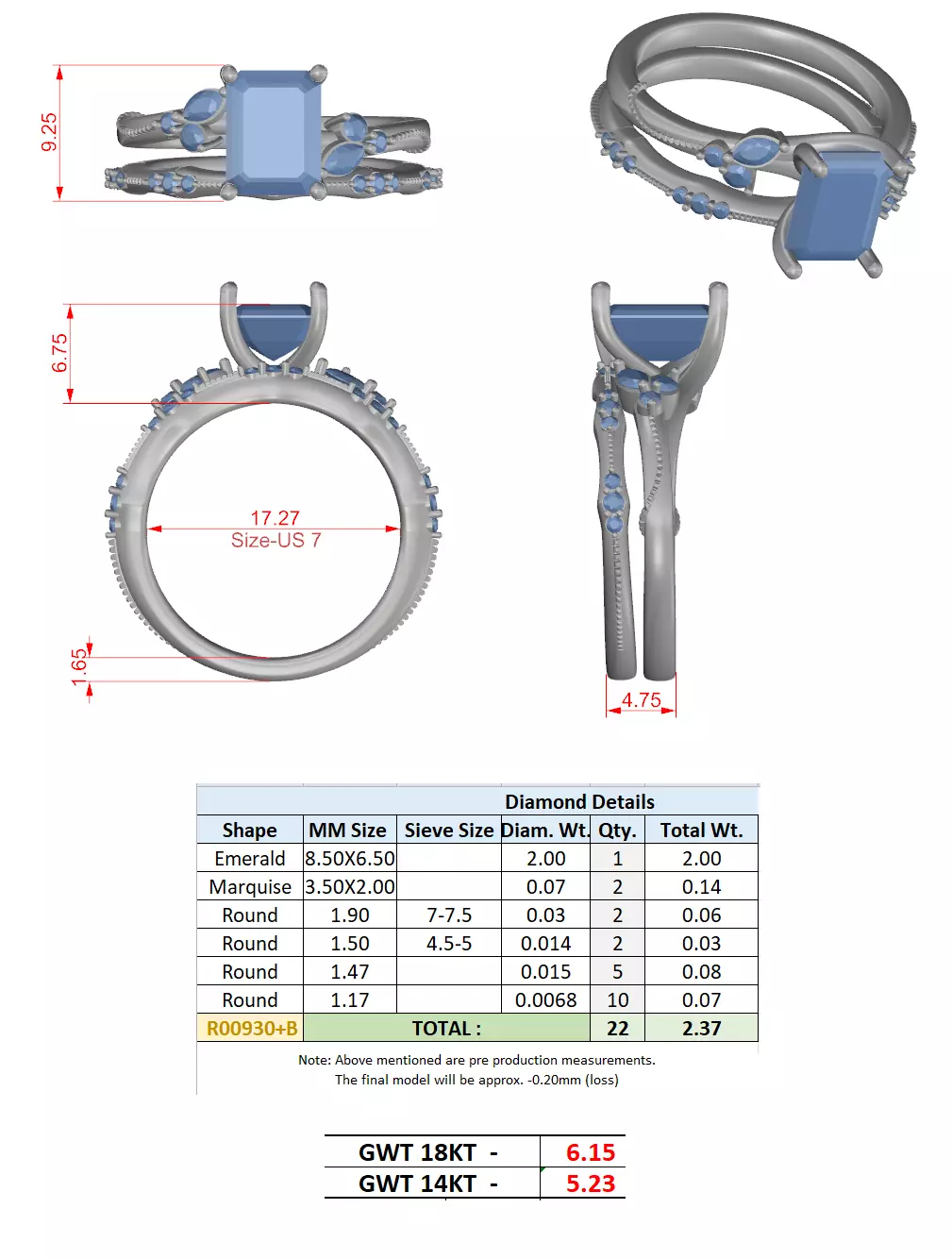 2CT Emerald Cut Cluster Diamond Wedding Ring Set 3DM STL Video 3D print model_15