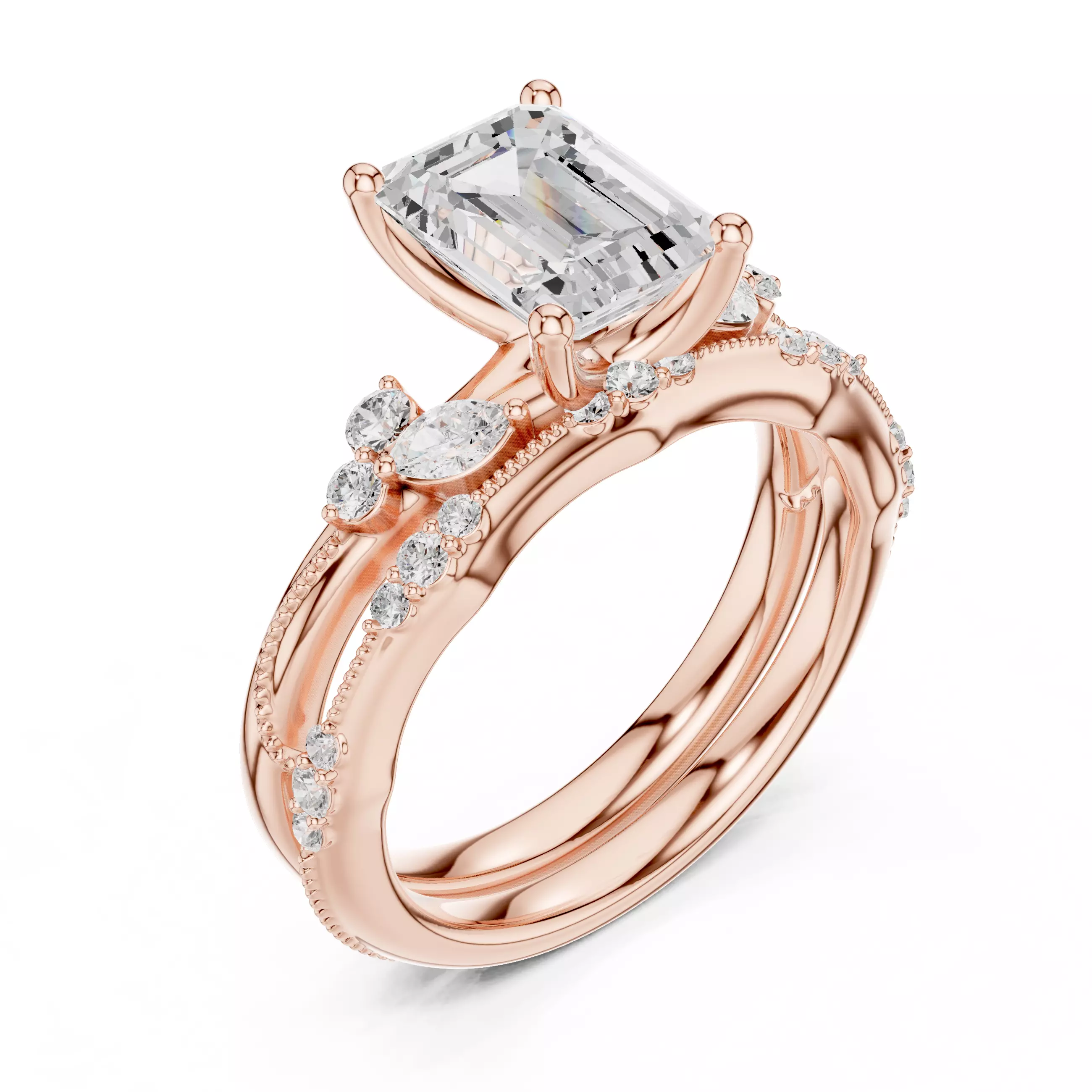 2CT Emerald Cut Cluster Diamond Wedding Ring Set 3DM STL Video 3D print model_4