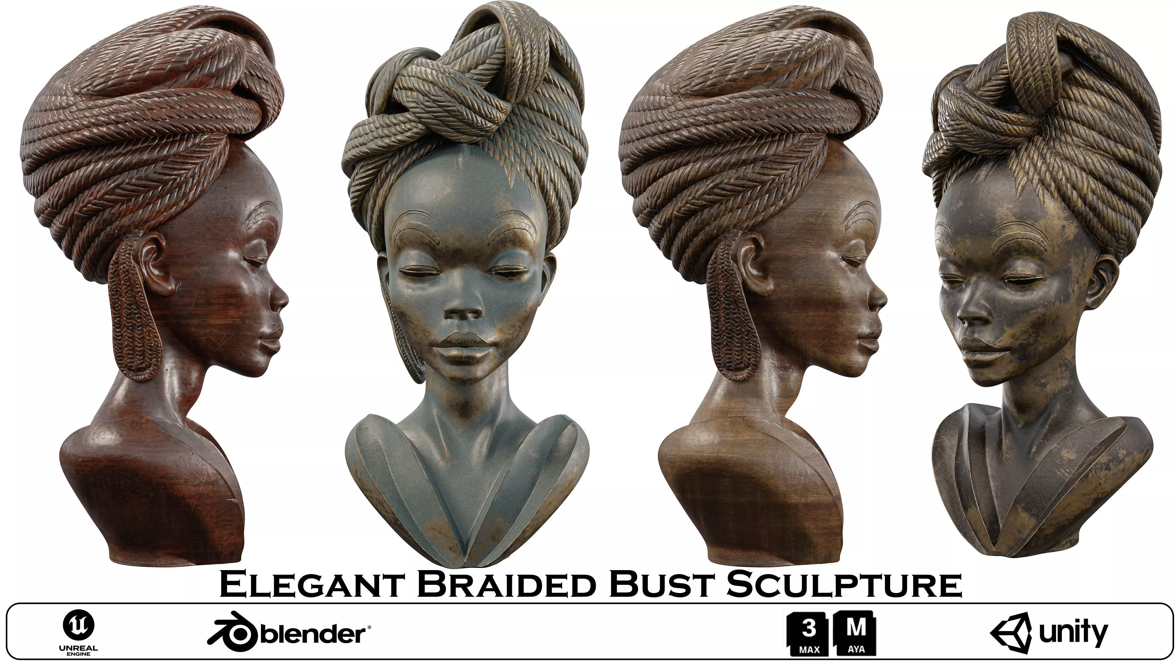 Elegant Braided Bust Sculpture Low-poly 3D model_0