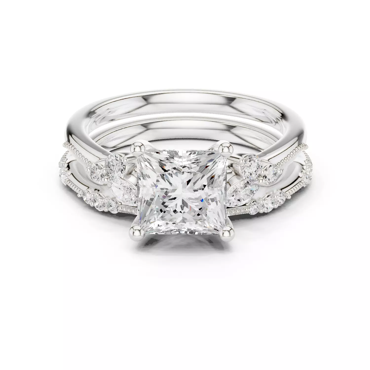 2CT Princess Cut Diamond Bypass Wedding Ring Set 3DM STL Video 3D print model_14