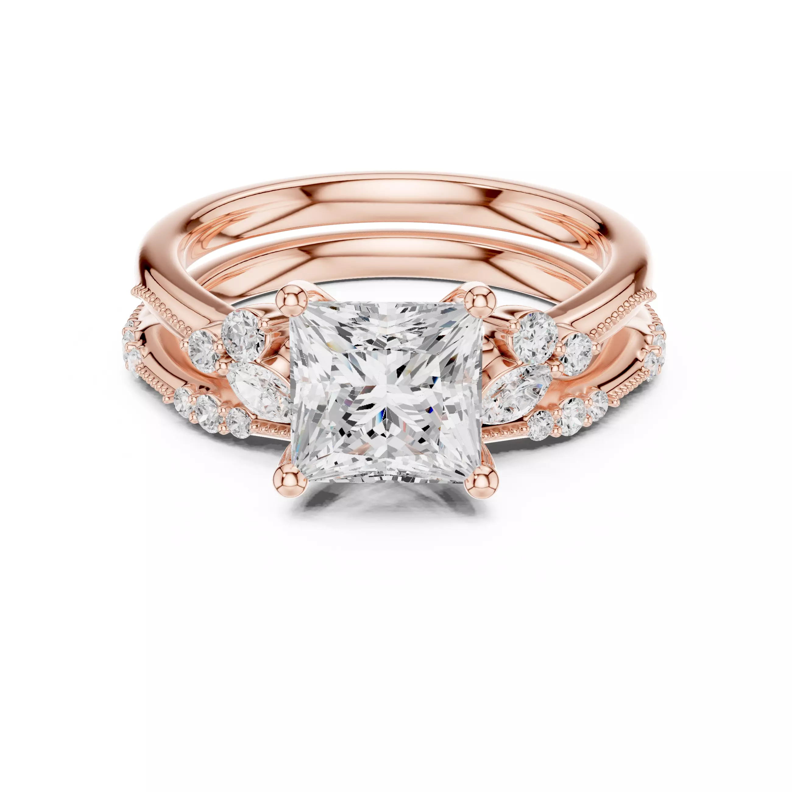 2CT Princess Cut Diamond Bypass Wedding Ring Set 3DM STL Video 3D print model_0