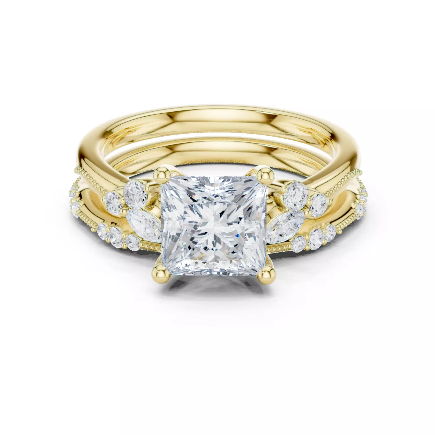 2CT Princess Cut Diamond Bypass Wedding Ring Set 3DM STL Video 3D print model_13