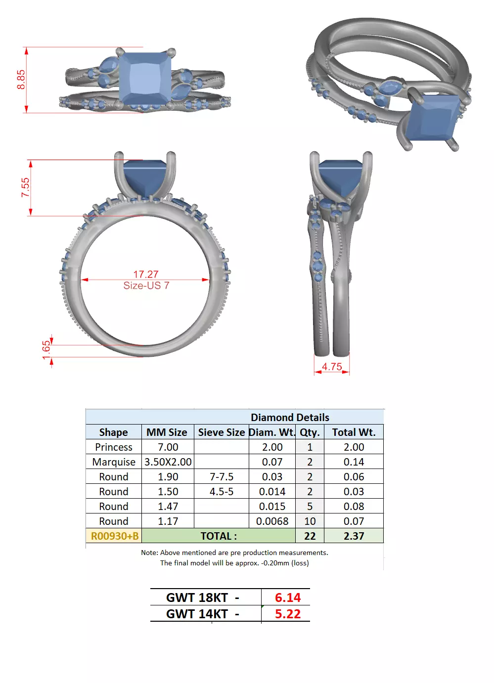 2CT Princess Cut Diamond Bypass Wedding Ring Set 3DM STL Video 3D print model_15
