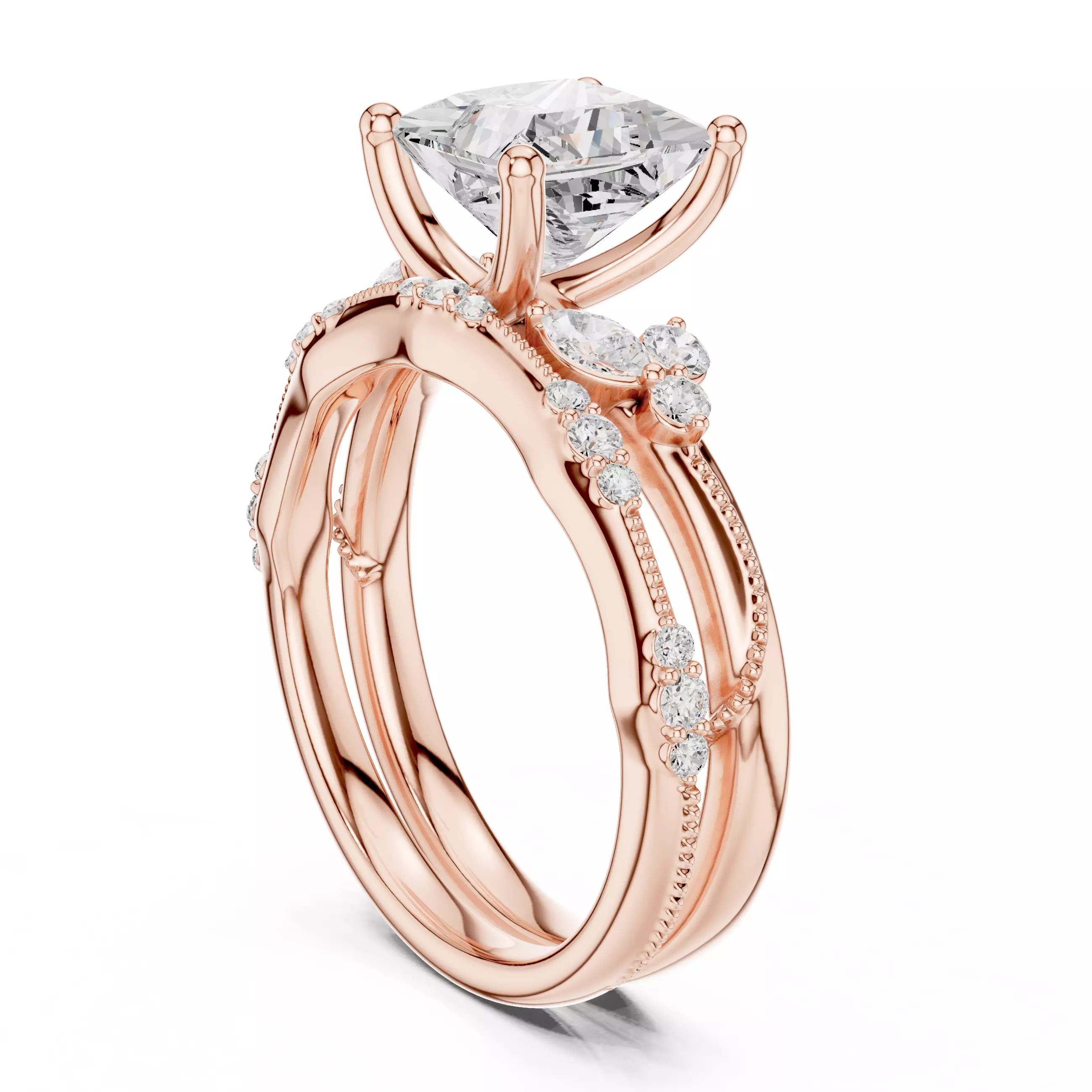 2CT Princess Cut Diamond Bypass Wedding Ring Set 3DM STL Video 3D print model_3