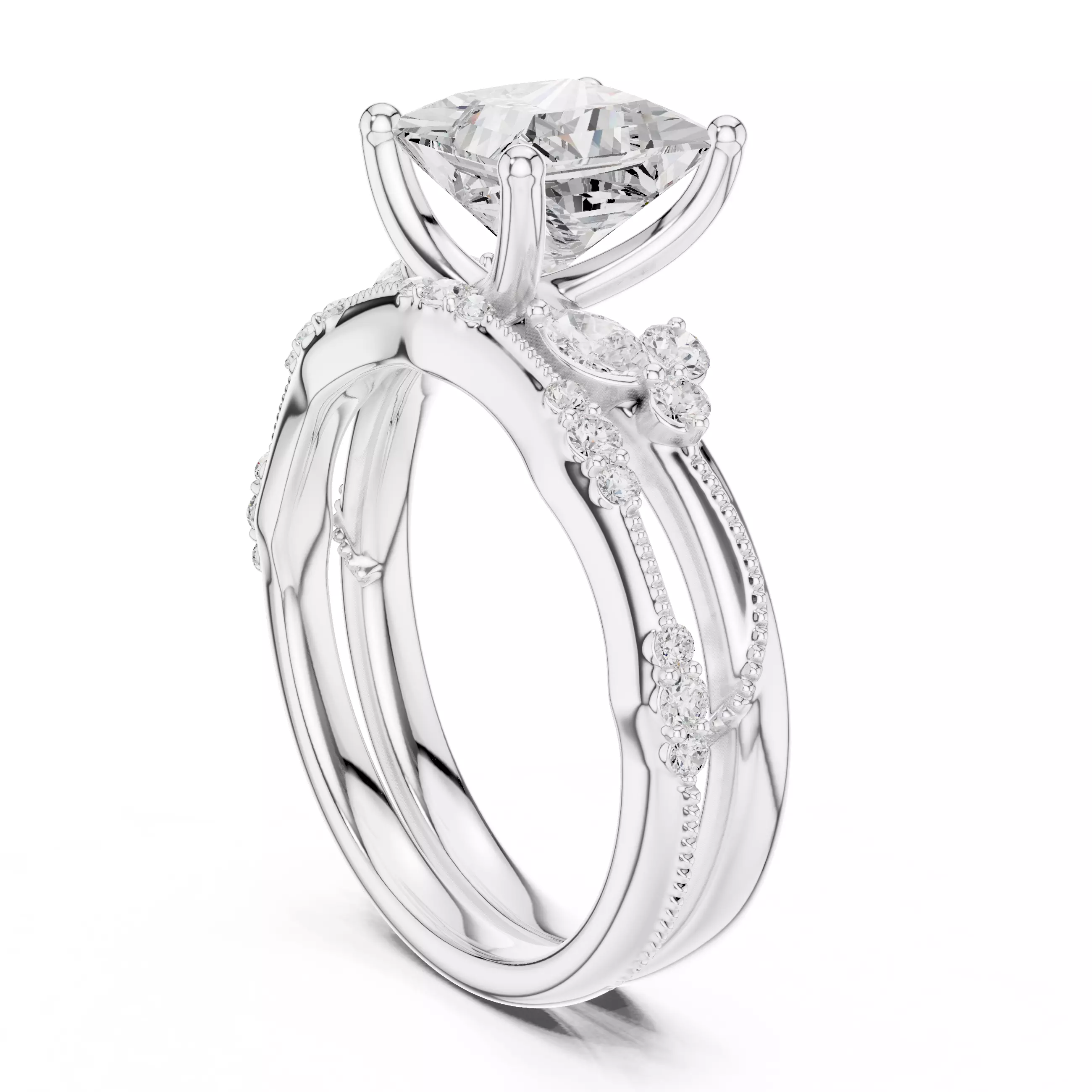 2CT Princess Cut Diamond Bypass Wedding Ring Set 3DM STL Video 3D print model_9