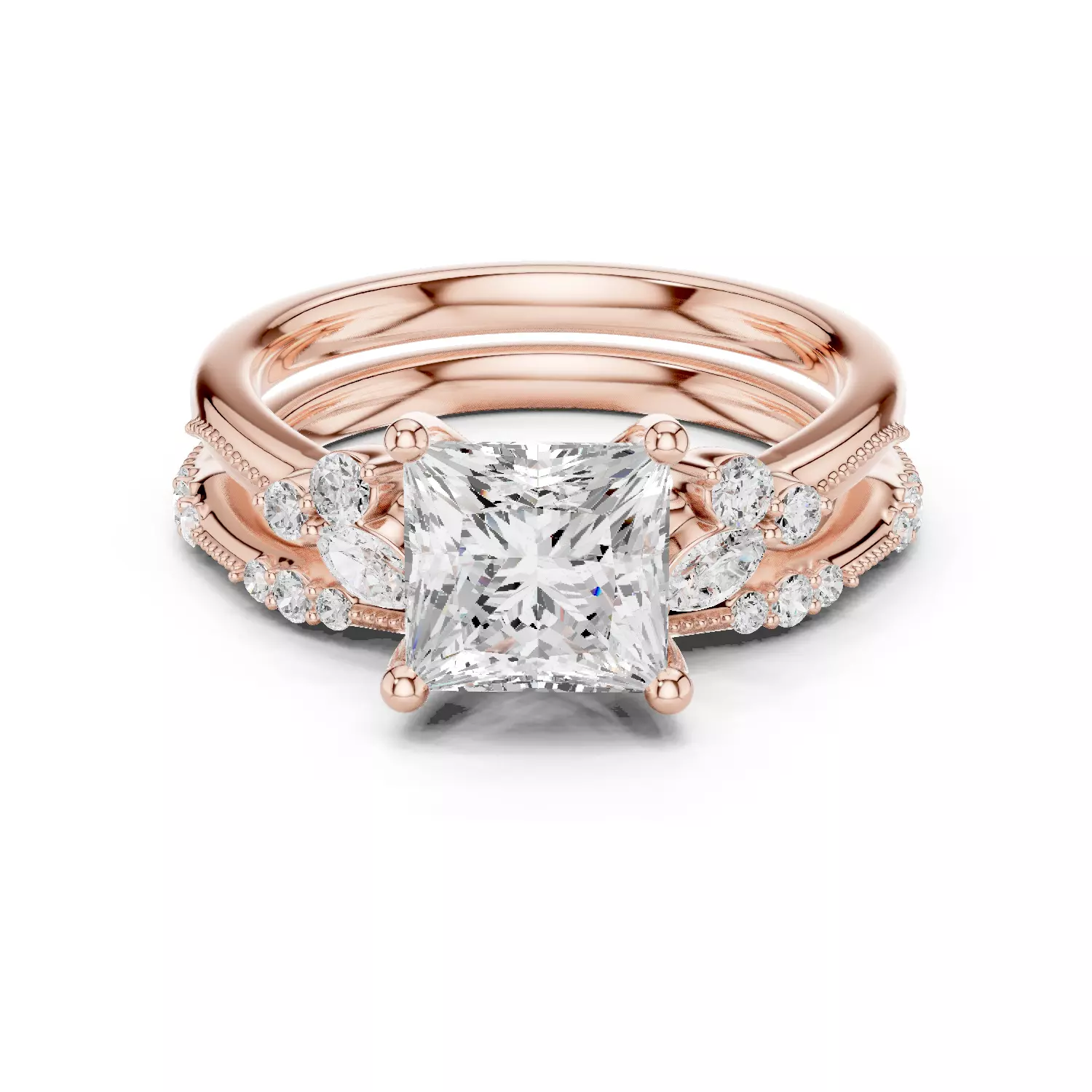 2CT Princess Cut Diamond Bypass Wedding Ring Set 3DM STL Video 3D print model_12