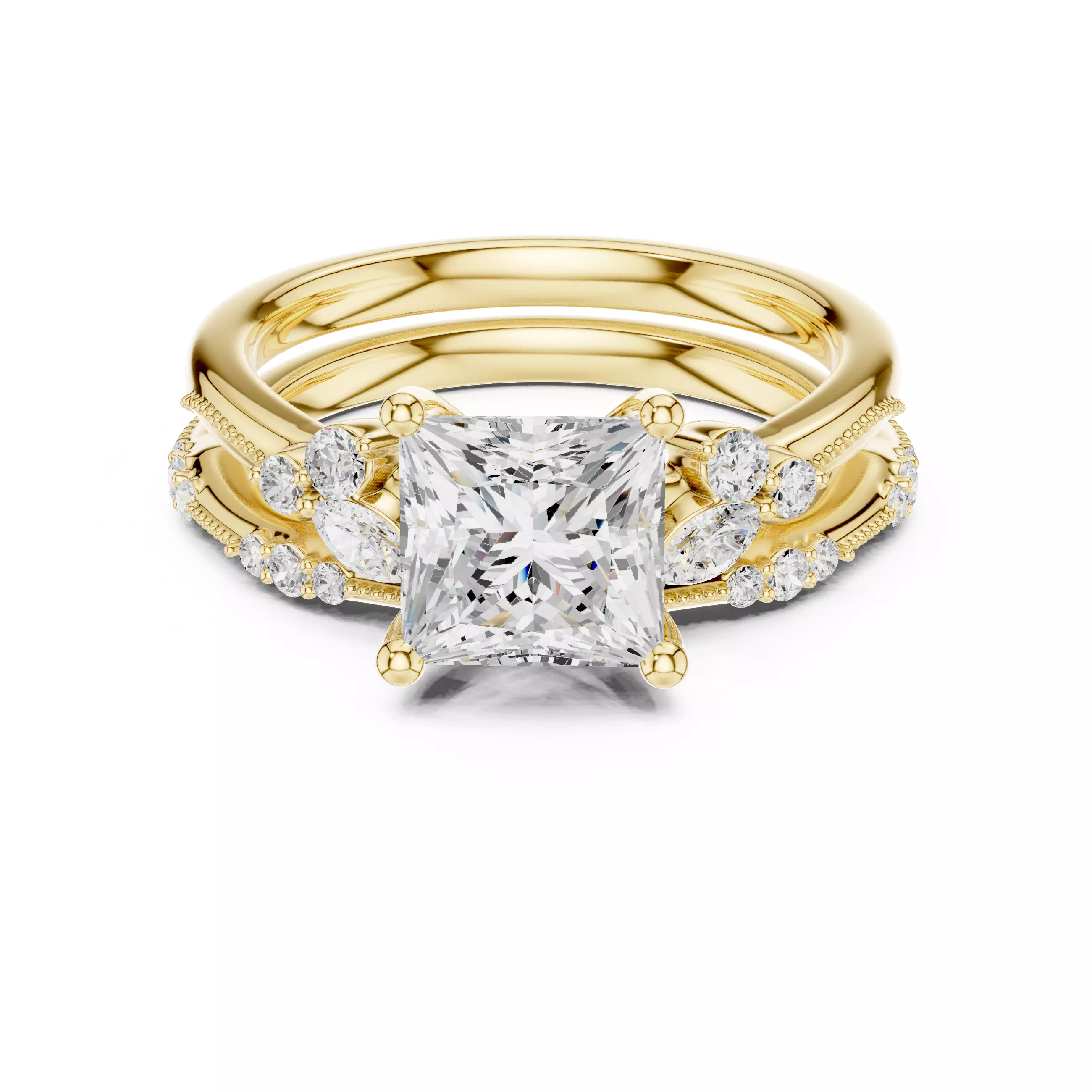 2CT Princess Cut Diamond Bypass Wedding Ring Set 3DM STL Video 3D print model_1