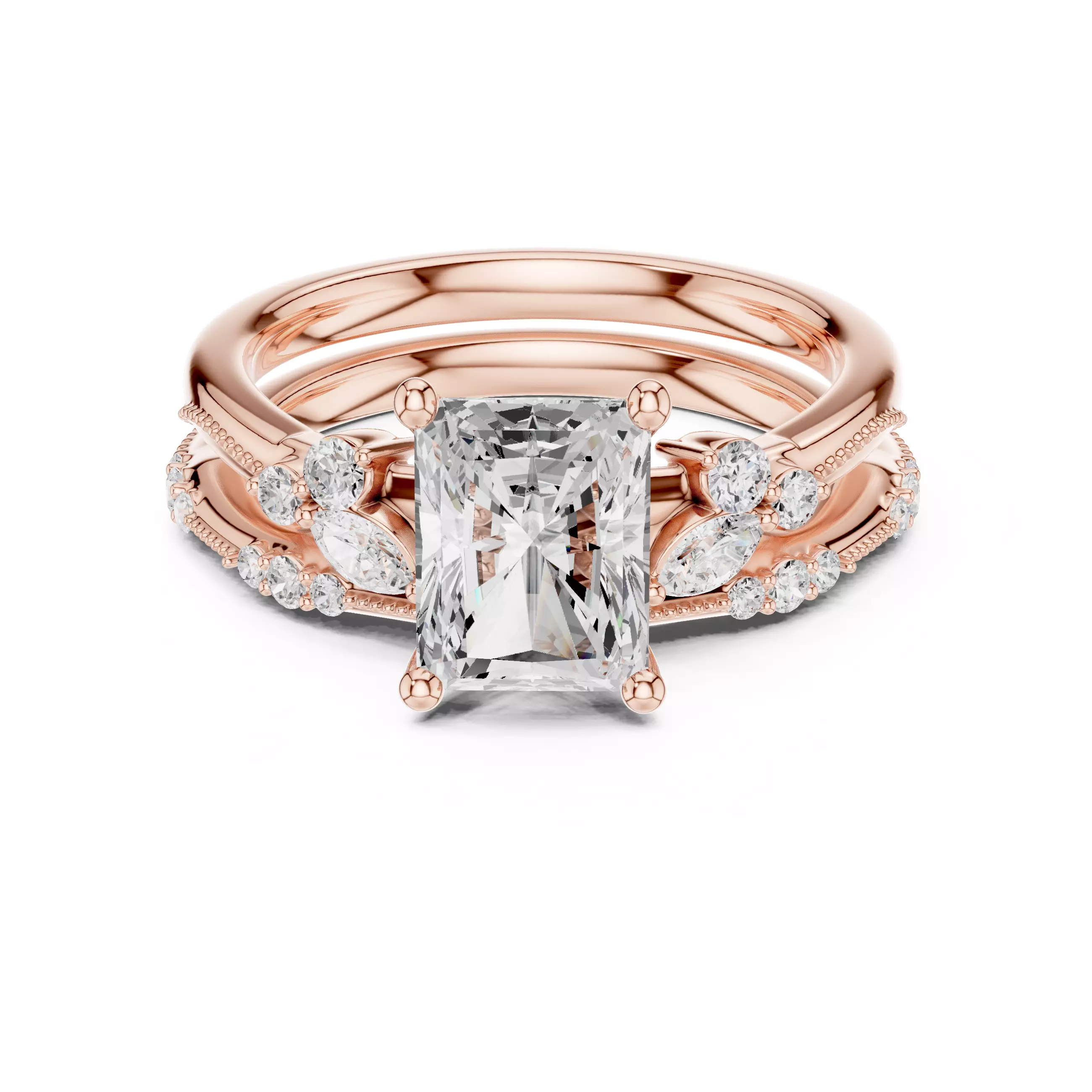 2CT Radiant Cut Diamond Stacking Wedding Ring Set 3DM STL Video 3D print model_0