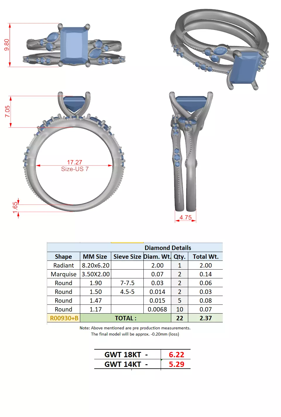 2CT Radiant Cut Diamond Stacking Wedding Ring Set 3DM STL Video 3D print model_15