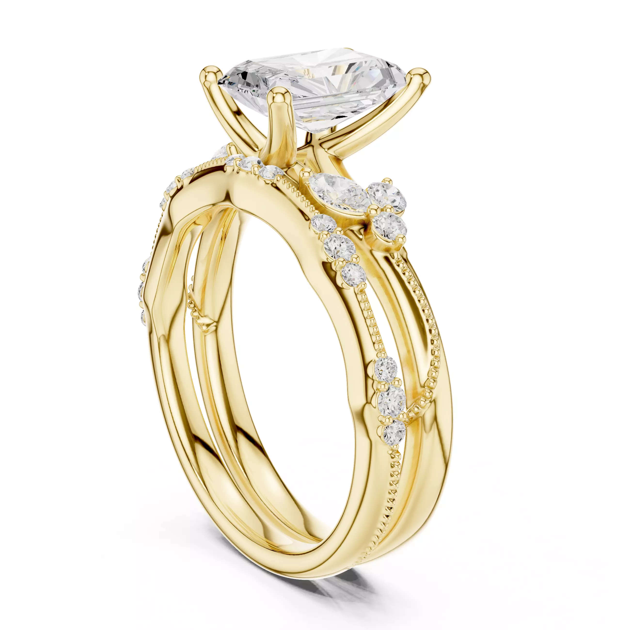 2CT Radiant Cut Diamond Stacking Wedding Ring Set 3DM STL Video 3D print model_6