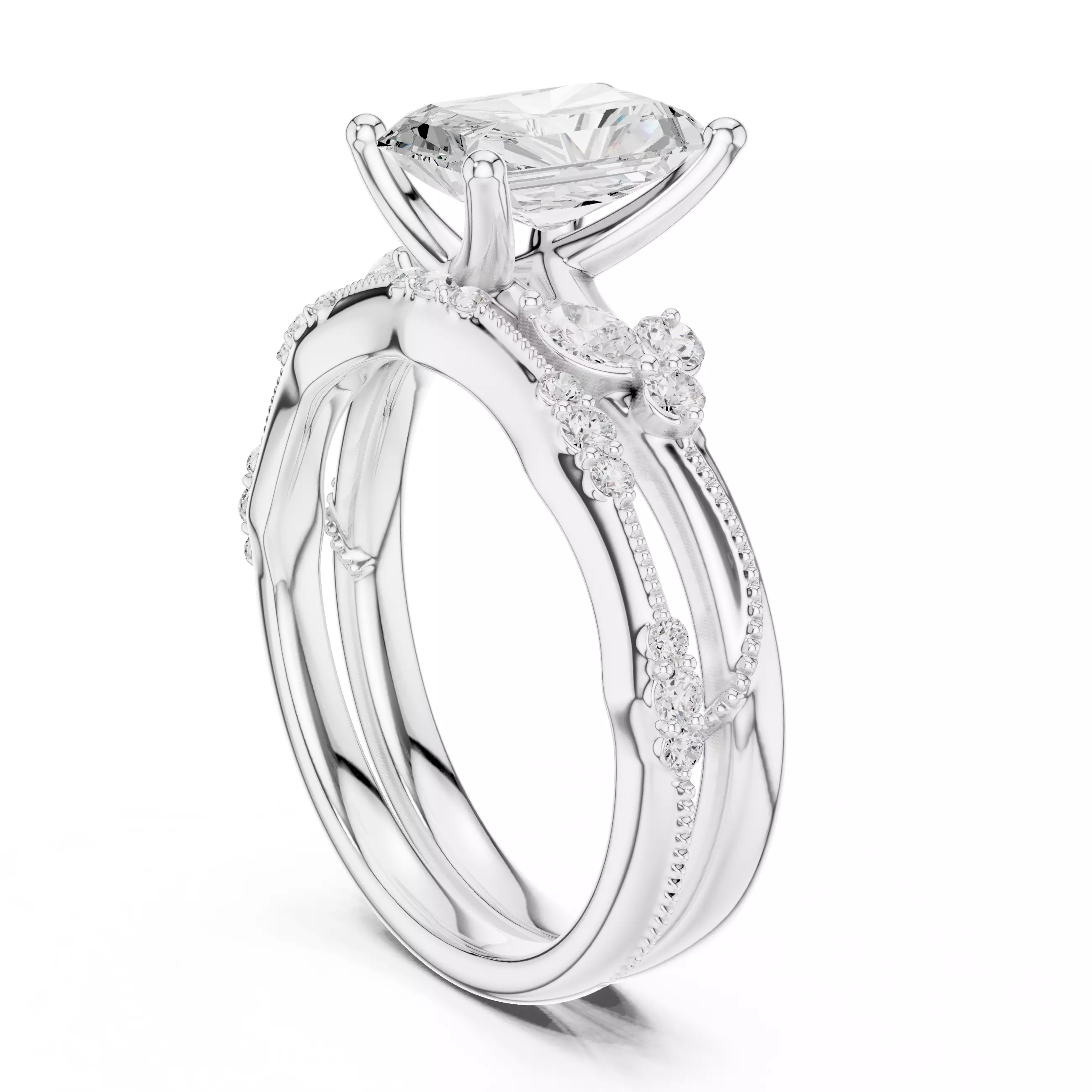 2CT Radiant Cut Diamond Stacking Wedding Ring Set 3DM STL Video 3D print model_9