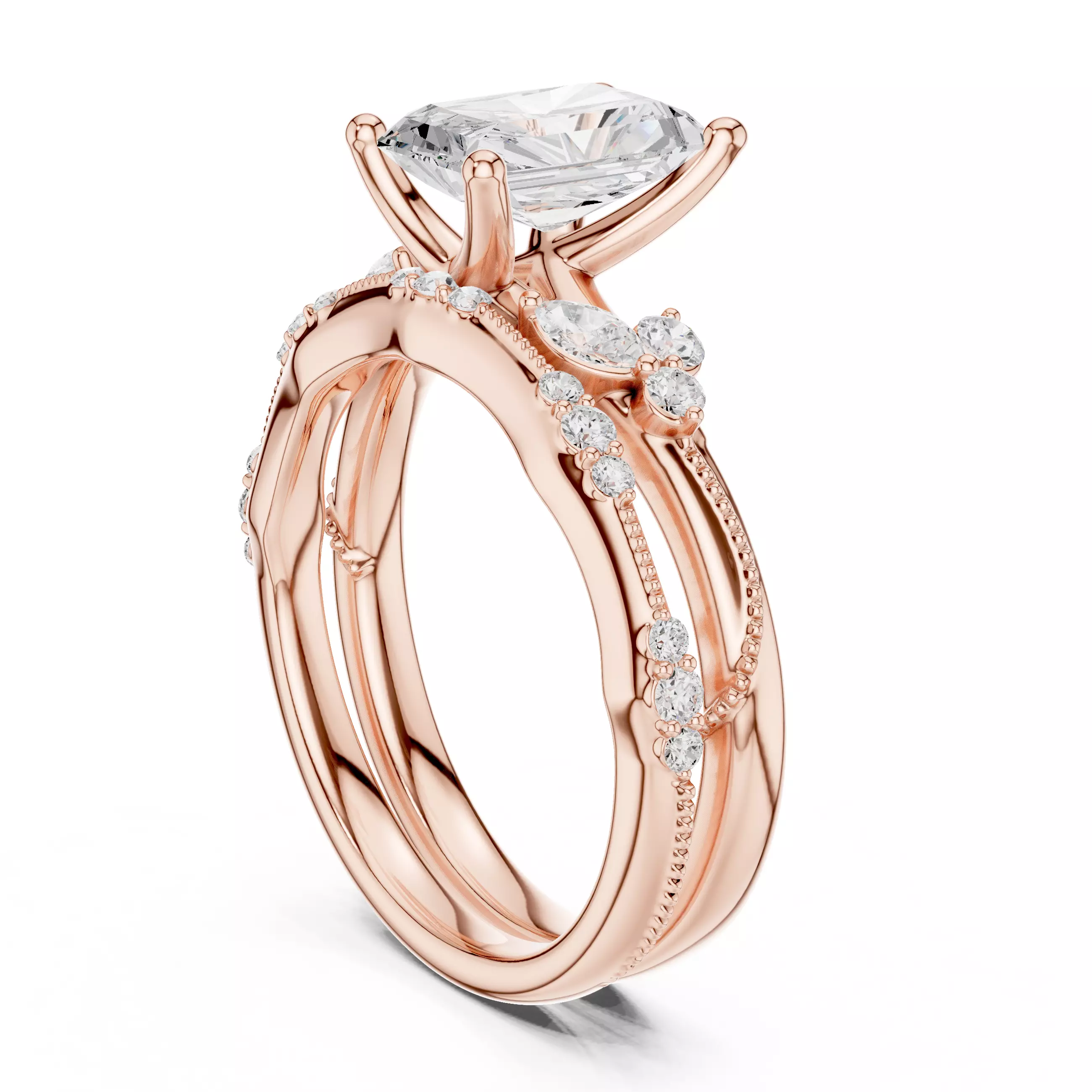 2CT Radiant Cut Diamond Stacking Wedding Ring Set 3DM STL Video 3D print model_3