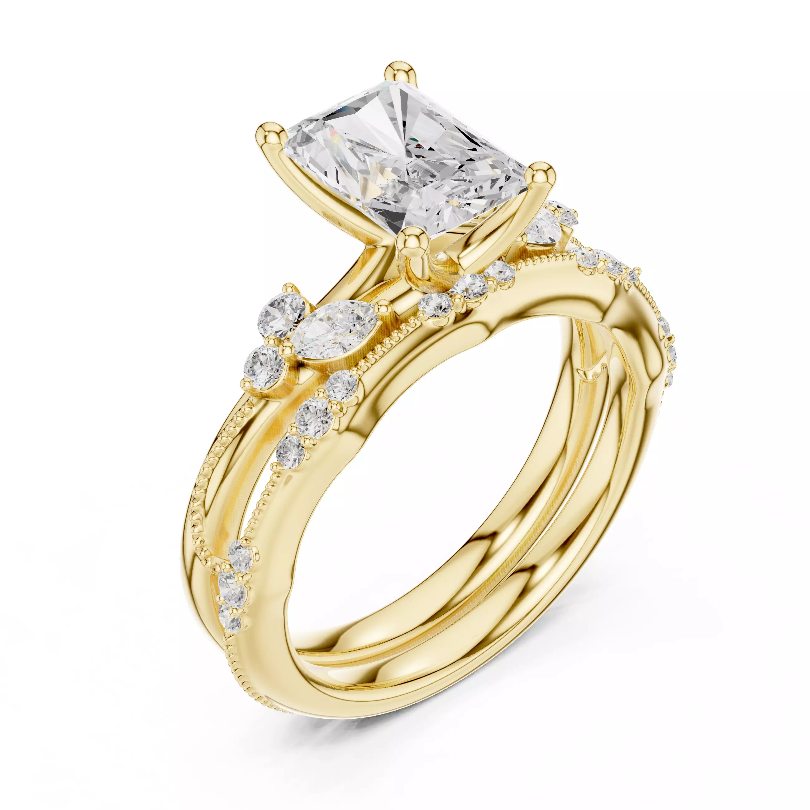 2CT Radiant Cut Diamond Stacking Wedding Ring Set 3DM STL Video 3D print model_7