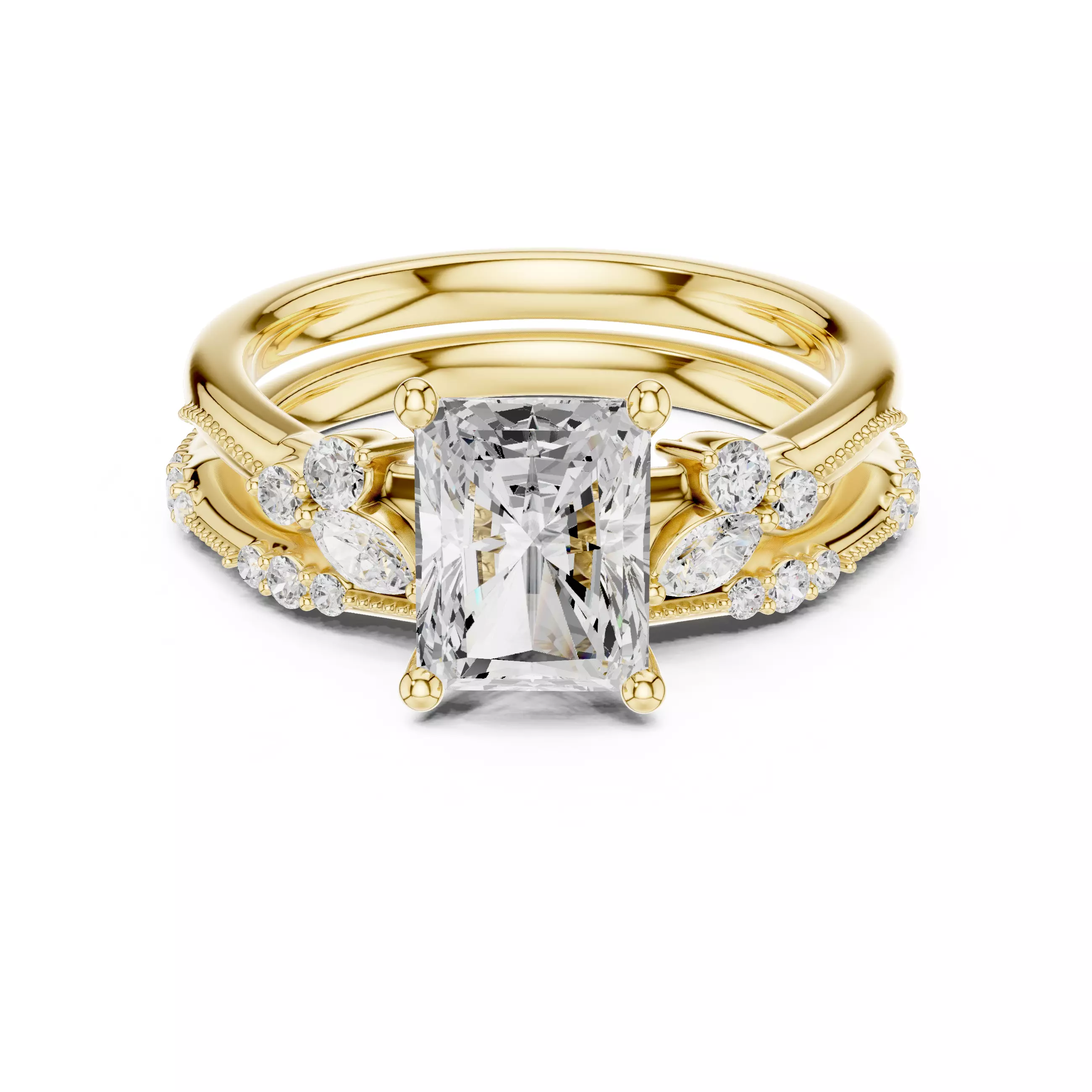 2CT Radiant Cut Diamond Stacking Wedding Ring Set 3DM STL Video 3D print model_1